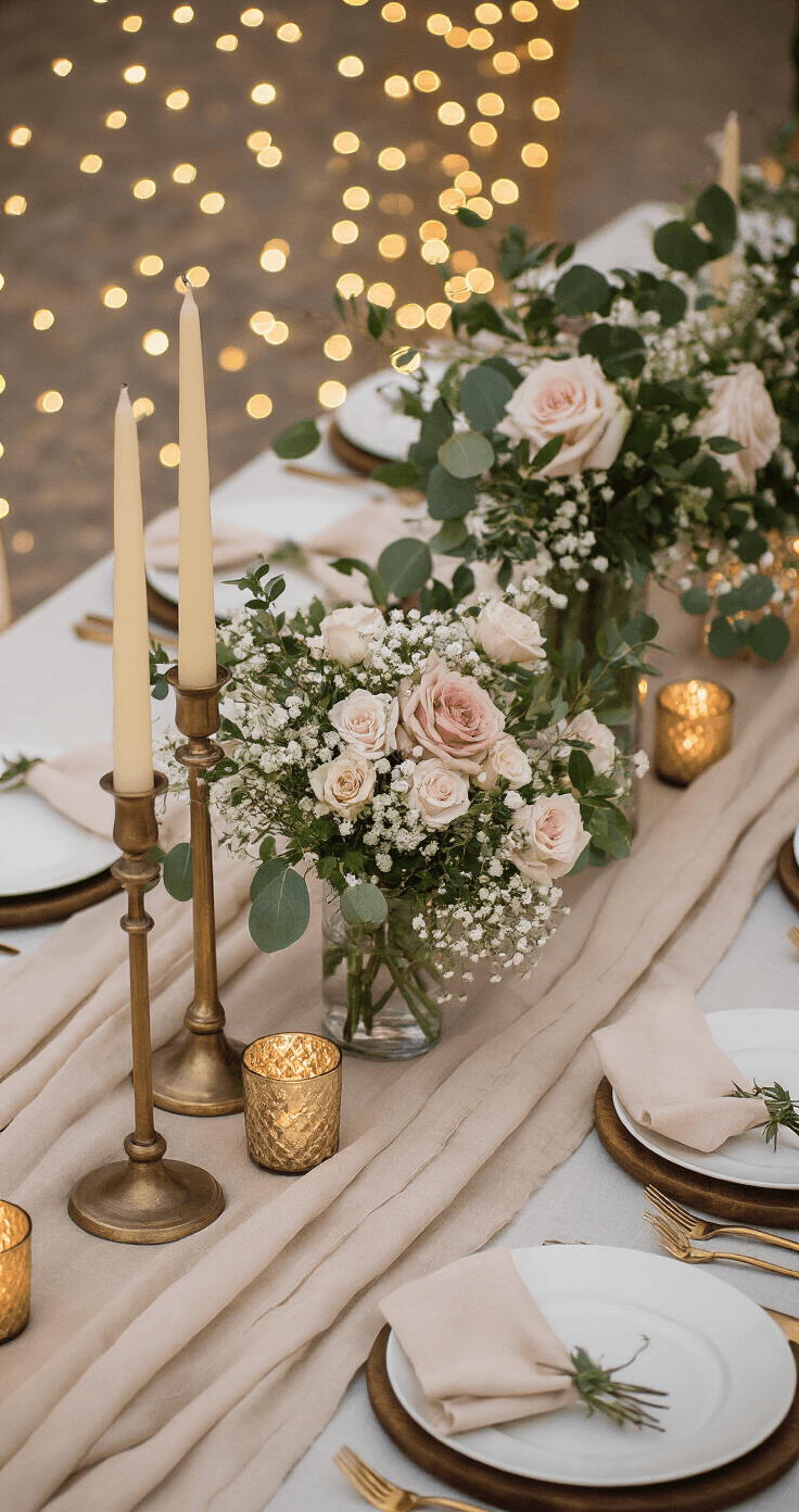 My Guide to Creating Pinterest-Worthy Outdoor Wedding Magic Flat lay of a sophisticated reception table during the blue hour, featuring layered champagne and blush linen runners over ivory tablecloths, mixed-height floral arrangements, tall brass candlesticks, and warm string lights creating a romantic atmosphere.