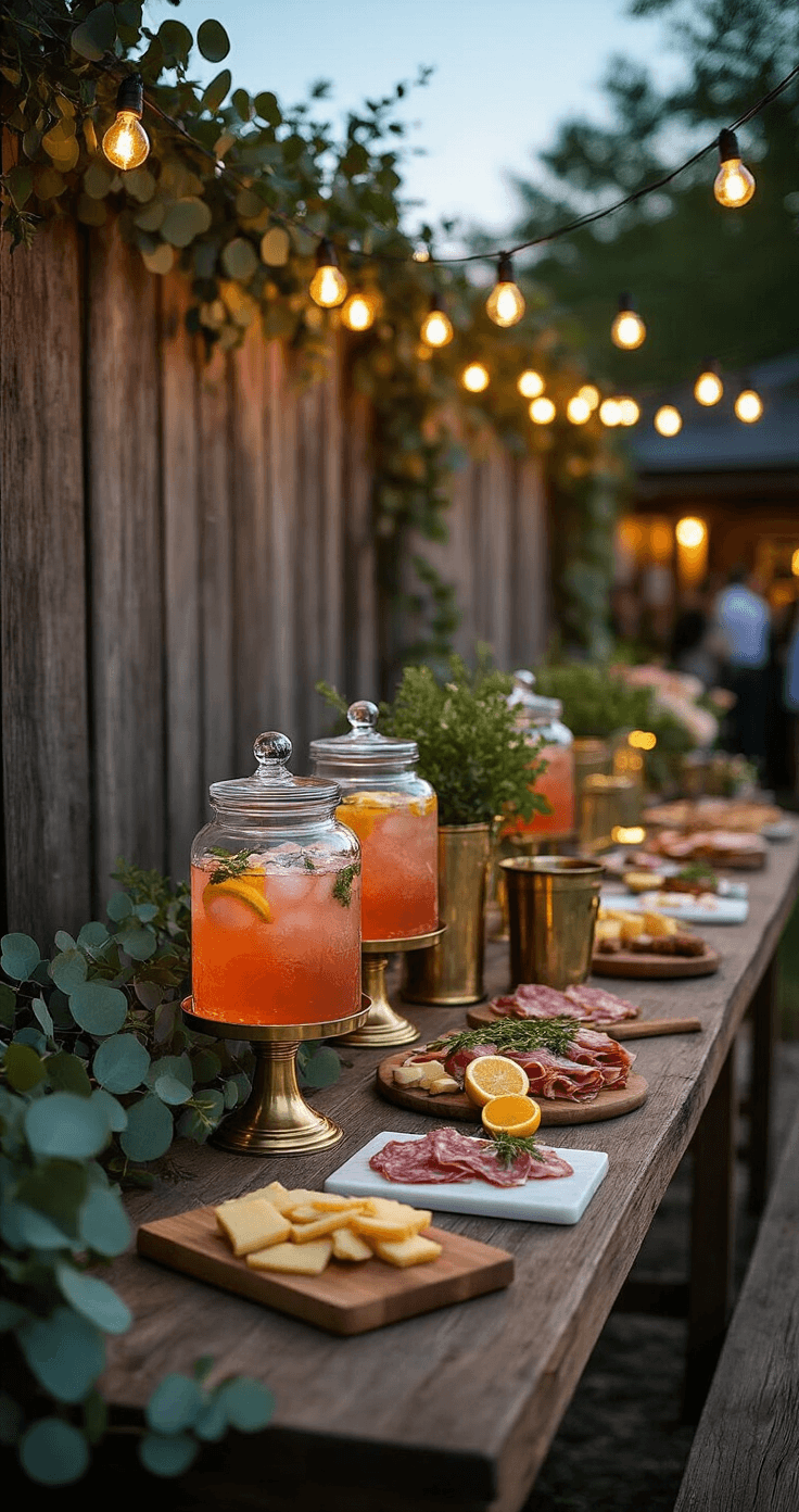 My Guide to Creating Pinterest-Worthy Outdoor Wedding Magic An elegant outdoor bar setup at twilight, featuring a vintage wooden farmhouse table with blush cocktails in glass dispensers, brass and copper barware, charcuterie on marble, and string lights overhead, against a rustic wooden fence.