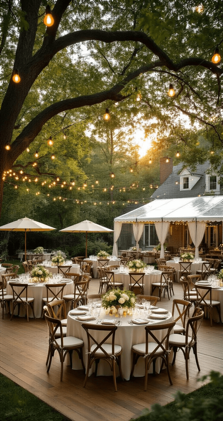 My Guide to Creating Pinterest-Worthy Outdoor Wedding Magic Wide view of a beautifully arranged backyard wedding reception at golden hour, featuring round tables with sage green, ivory, and champagne centerpieces, cross-back chairs, string lights overhead, and a clear tent, all set against a backdrop of mature trees and the house.