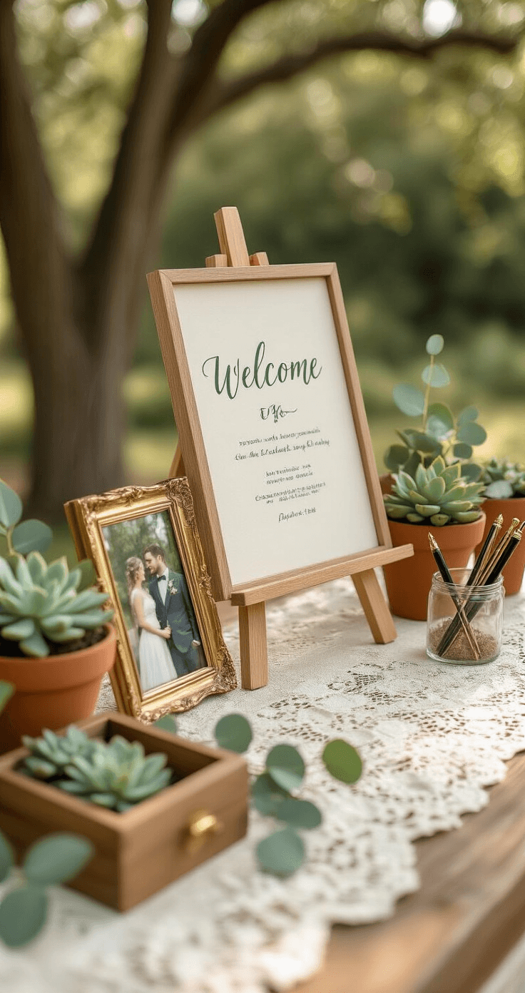 My Guide to Creating Pinterest-Worthy Outdoor Wedding Magic Intimate close-up of a welcome table featuring a wooden easel with sage green calligraphy signage, vintage brass frames with engagement photos, potted succulents in terracotta, scattered eucalyptus, a wooden guest book box with brass corners, and vintage fountain pens, all softly illuminated by morning light through oak trees, with a cream lace runner.