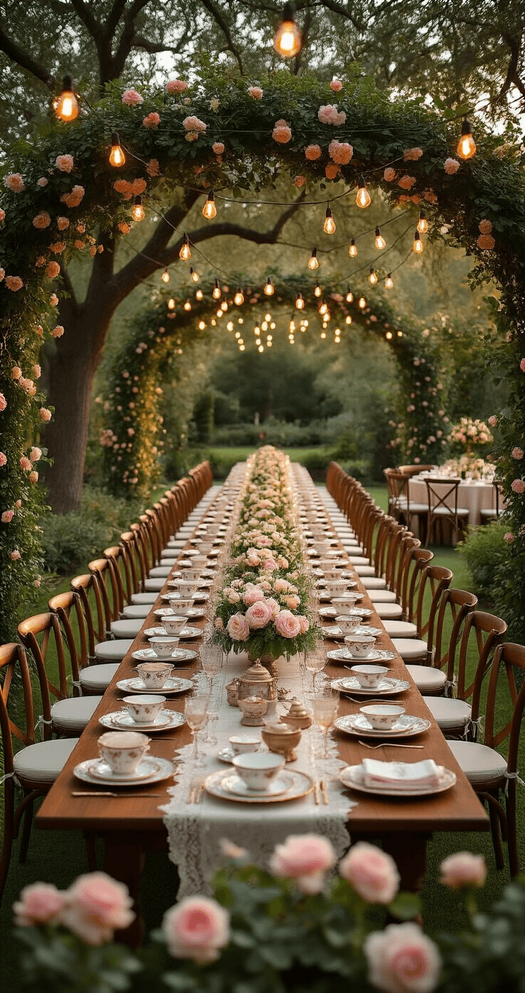 Creating Magical Outdoor Wedding Themes That'll Make Your Guests Say "I Do" Too Photorealistic wide-angle view of an elegant garden party wedding reception during golden hour, featuring a manicured garden, mahogany farm tables with wrought-iron chairs, floral centerpieces, Edison bulb string lights, soft linens, and vintage lanterns amidst lush foliage.