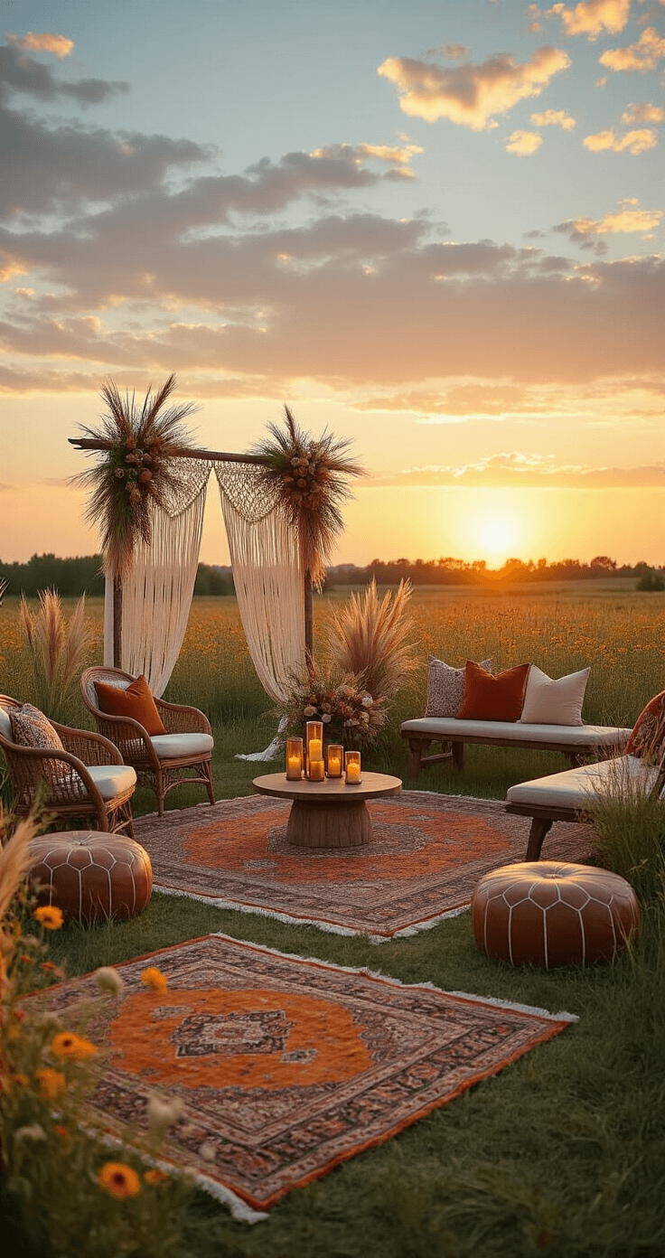 Creating Magical Outdoor Wedding Themes That'll Make Your Guests Say "I Do" Too Cinematic low-angle view of a bohemian wedding lounge in a wildflower meadow at sunset, featuring vintage Persian rugs, a macramé backdrop arch, mismatched seating, low brass tables with candles, and wildflower arrangements, all illuminated by warm golden hour light.
