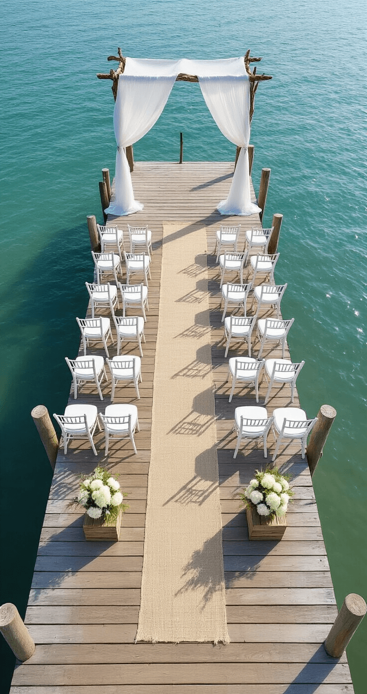 Creating Magical Outdoor Wedding Themes That'll Make Your Guests Say "I Do" Too Aerial view of a coastal wedding ceremony setup on a wooden dock, featuring white Chiavari chairs, a driftwood arch draped in chiffon fabric, a jute aisle runner with sea glass, and centerpieces of white hydrangeas in bleached wood boxes, all set against calm blue water and sandy beige and white color palette.
