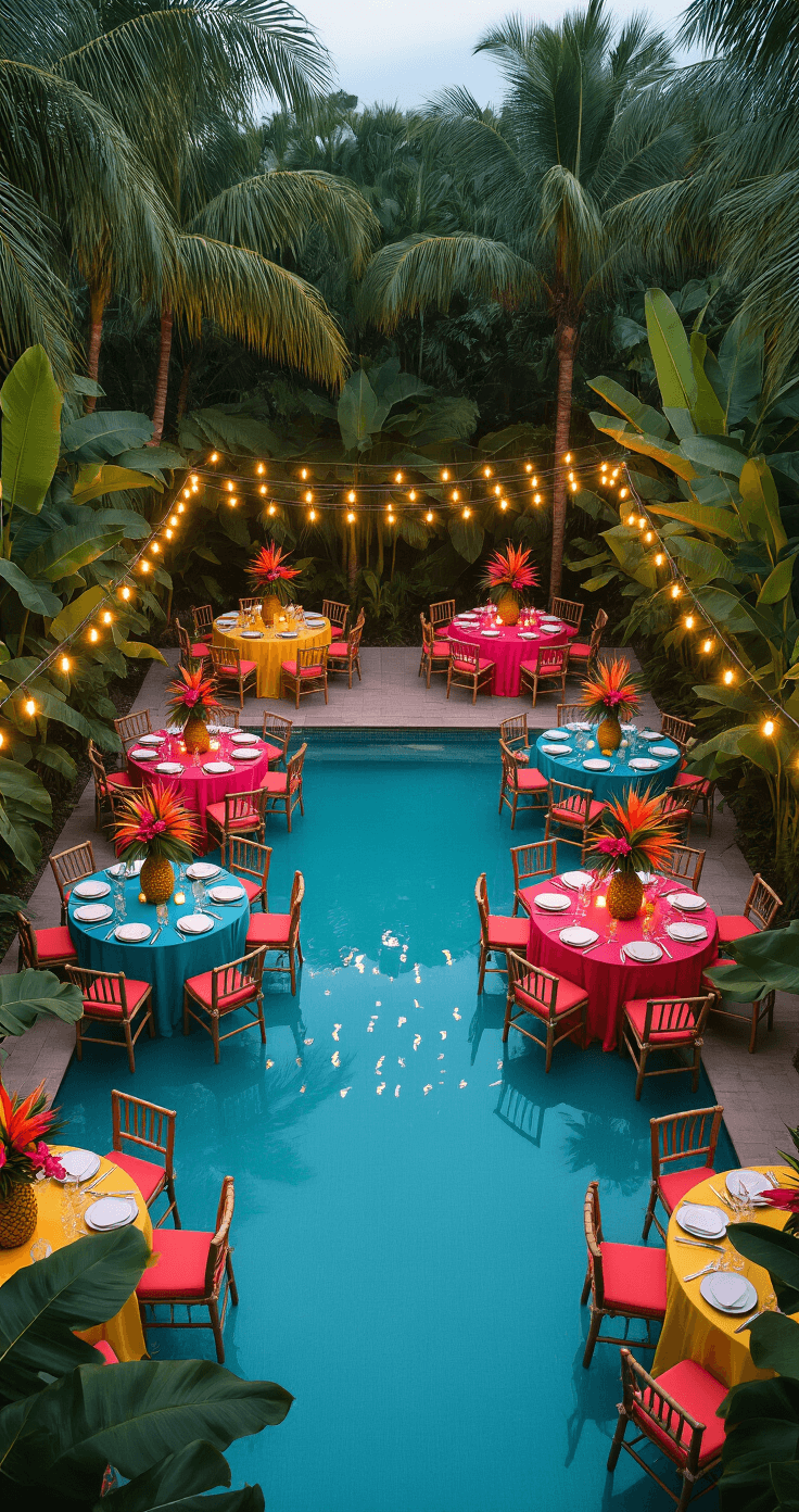Creating Magical Outdoor Wedding Themes That'll Make Your Guests Say "I Do" Too Vibrant overhead view of a tropical poolside wedding reception featuring lush greenery, round tables with colorful centerpieces, and ambient lighting, reflecting a festive and celebratory atmosphere during blue hour.