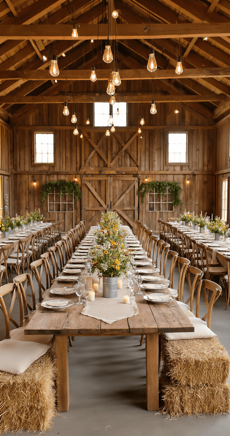 Creating Magical Outdoor Wedding Themes That'll Make Your Guests Say "I Do" Too Warm wide-angle interior shot of a rustic barn reception featuring long harvest tables, cross-back chairs, and soft warm lighting from candles and string lights, with wildflower centerpieces and ivy-covered vintage frames, creating an intimate evening celebration atmosphere.