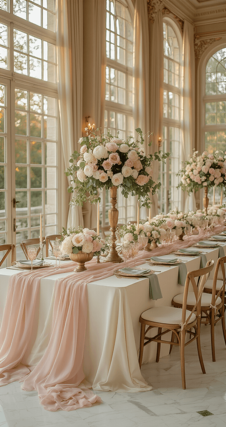 An elegant ballroom reception in sophisticated pastels during golden hour, featuring long ivory silk tables with dusty rose runners, floral centerpieces in brass bowls, rose gold chargers, pink glassware, and softly folded sage napkins, illuminated by warm natural light.