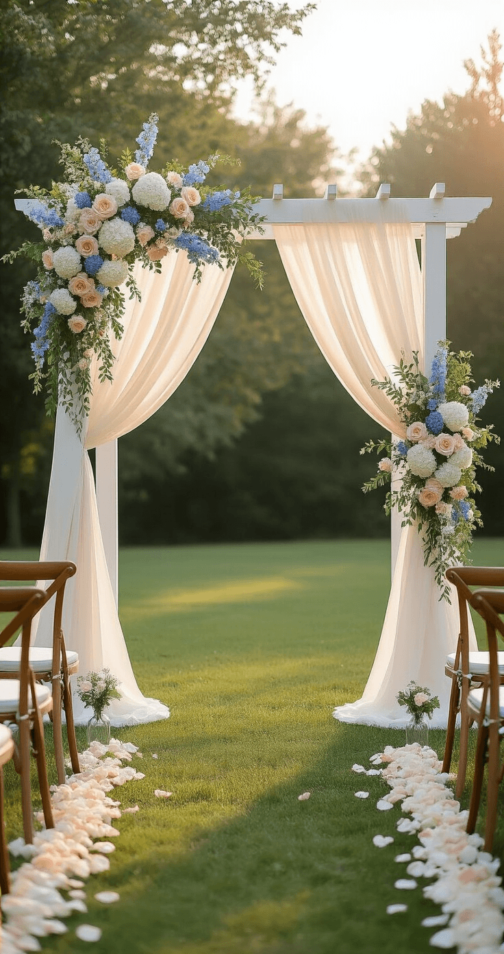 An intimate wedding ceremony arch featuring a white wooden arbor draped in ivory chiffon and adorned with floral arrangements of dusty blue delphiniums, white hydrangeas, and pale peach garden roses, viewed from a guest perspective on emerald grass with pastel rose petals, vintage wooden chairs lined along the aisle, and soft side lighting enhancing the floral details.
