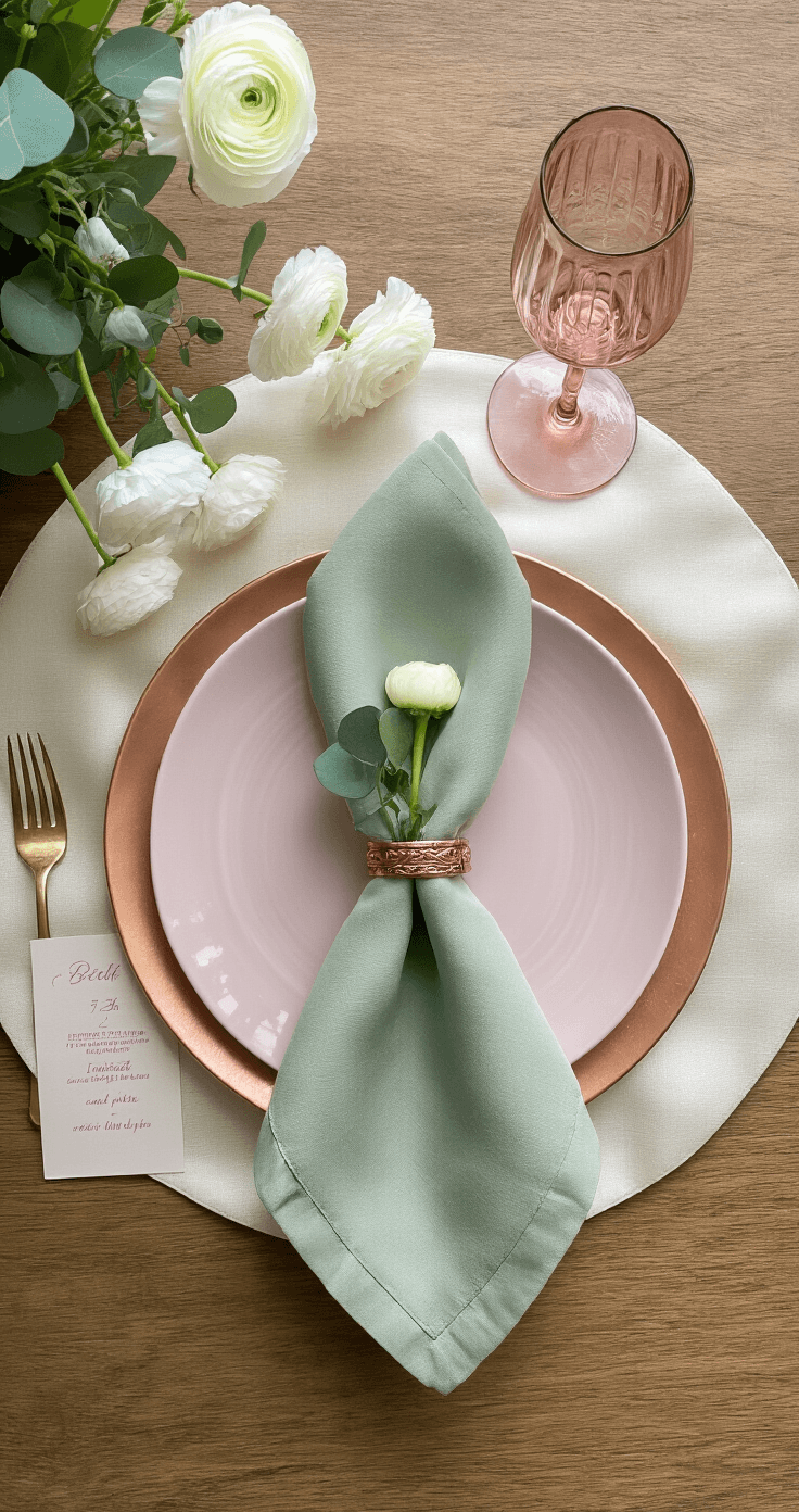 A beautifully arranged tabletop flat-lay featuring a neutral ivory silk placemat, a dusty rose ceramic dinner plate on a rose gold charger, and a sage green napkin with a copper napkin ring. The setting includes a frosted pink wine glass, a vintage-style water goblet, an elegant hand-lettered menu card in soft lavender ink, and antique gold flatware, accented by scattered white ranunculus and eucalyptus sprigs, all under even, diffused lighting.