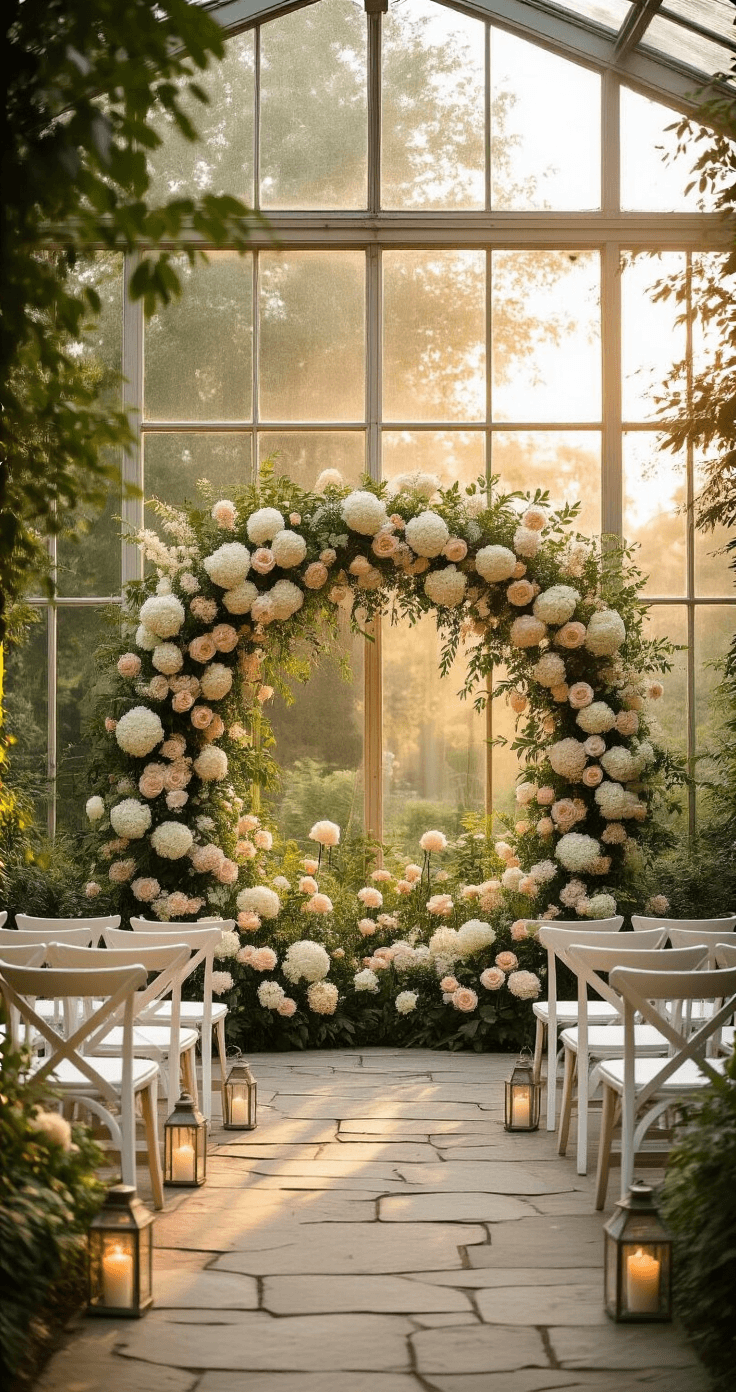 A golden hour garden ceremony space featuring a conservatory with floor-to-ceiling windows, white wooden chairs arranged in a semicircle, and a statement floral installation of oversized cream hydrangeas and blush peonies, complemented by dusty miller and olive branches. Stone pathways lined with hurricane lanterns hold ivory candles, while the backdrop of greenery and pastel accents adds sophistication.