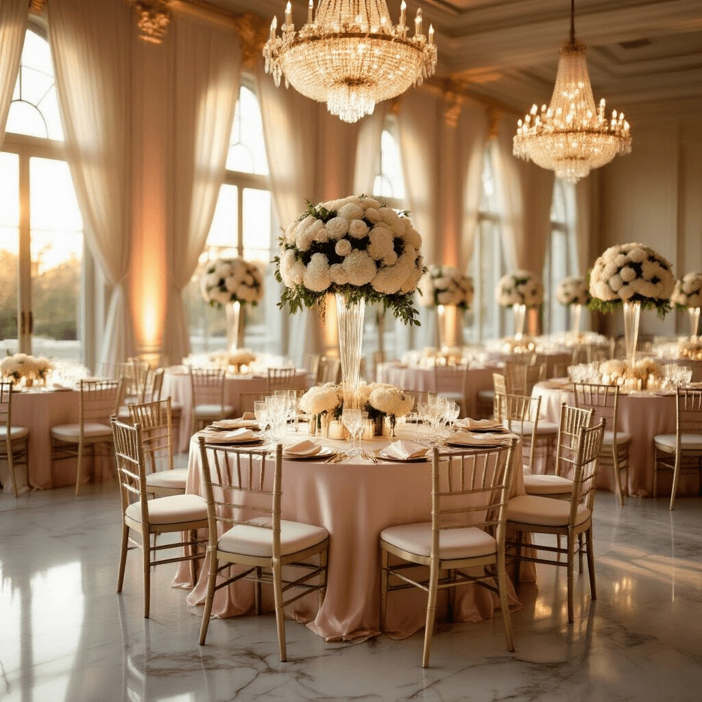 Home Decor Article Creation Guide Elegant indoor ballroom at golden hour with blush pink silk table settings, crystal chandeliers, tall floral centerpieces, and romantic lighting creating an intimate atmosphere.