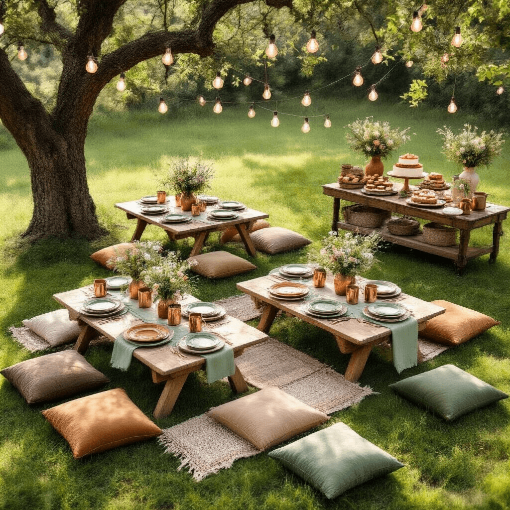 Home Decor Article Creation Guide Overhead view of a whimsical garden party with low picnic-style tables on green grass, featuring ceramic plates, sage napkins, copper mugs with wildflowers, velvet floor cushions, and string lights among oak trees, alongside a rustic dessert station with naked cakes and decorative elements.