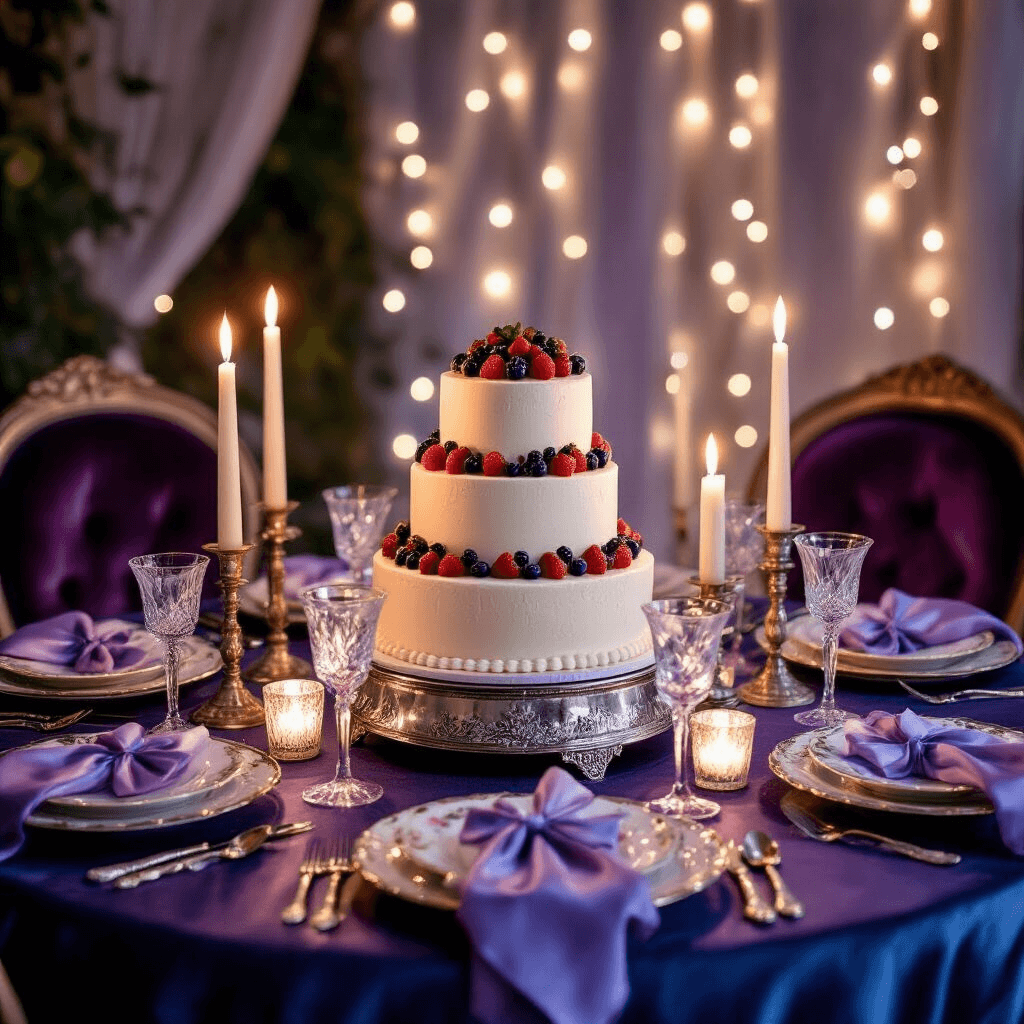 Home Decor Article Creation Guide Close-up of a romantic birthday dining nook featuring a candlelit table with a three-tier vanilla cake on a silver pedestal, surrounded by pillar candles, fine china, vintage cutlery, and velvet chairs, enhanced by fairy lights and floral decor.