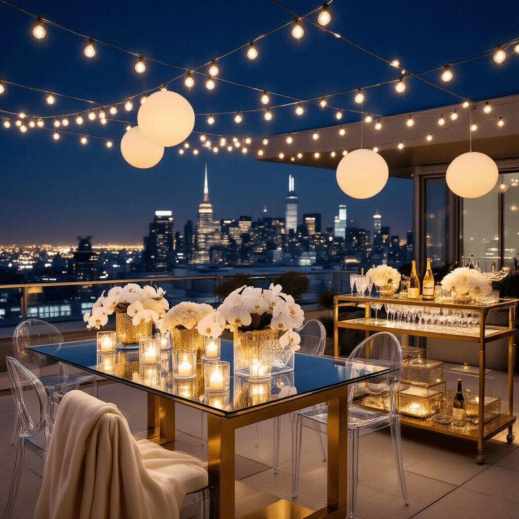 Home Decor Article Creation Guide A luxurious rooftop terrace party at night, featuring sleek acrylic tables reflecting the city skyline, gold and ivory decor, white orchids in glass cubes, floating candles, ghost chairs, string lights overhead, a stylish bar cart with crystal decanters, and gourmet appetizers on white porcelain.