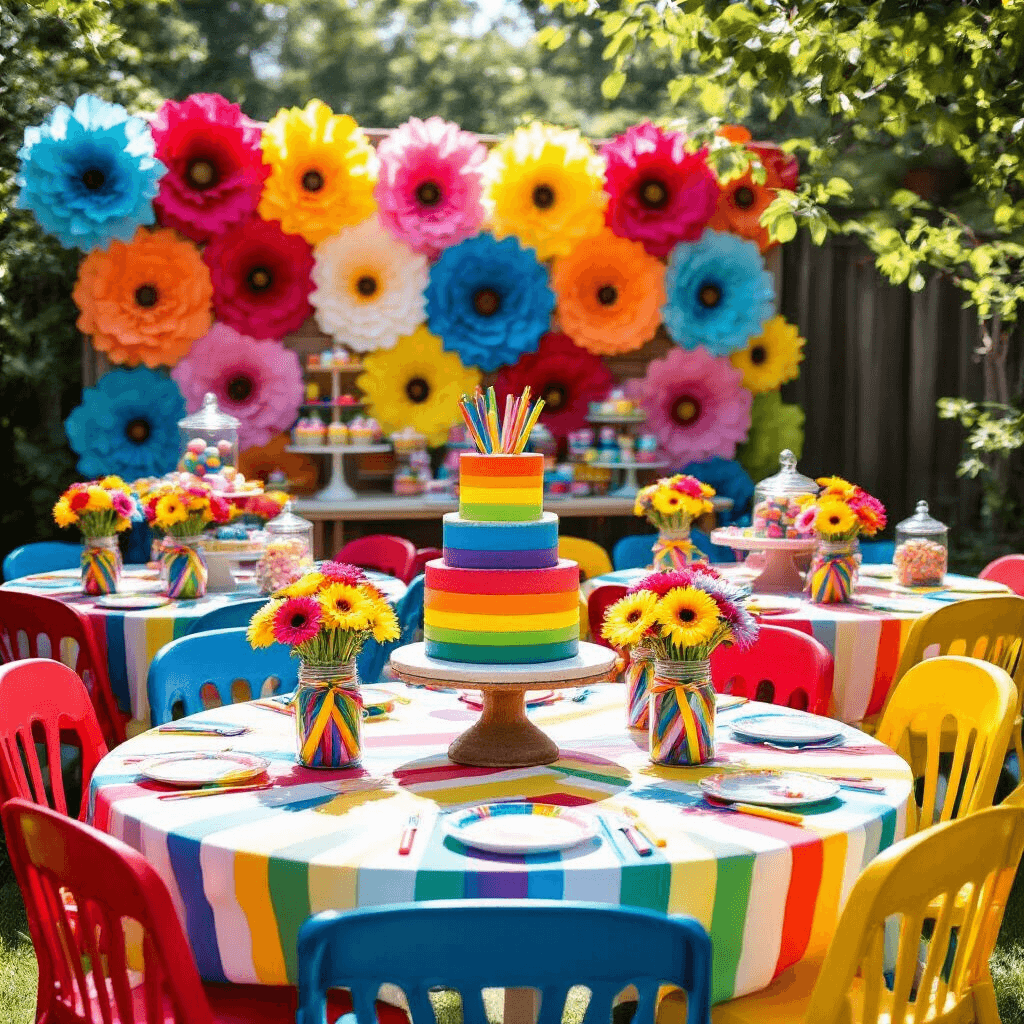 Home Decor Article Creation Guide A vibrant and playful backyard kids' party scene featuring colorful round tables, bright decorations, a multi-tiered rainbow cake, cupcakes, and oversized tissue paper flowers, all set under a sunny sky with festive bunting and scattered confetti.