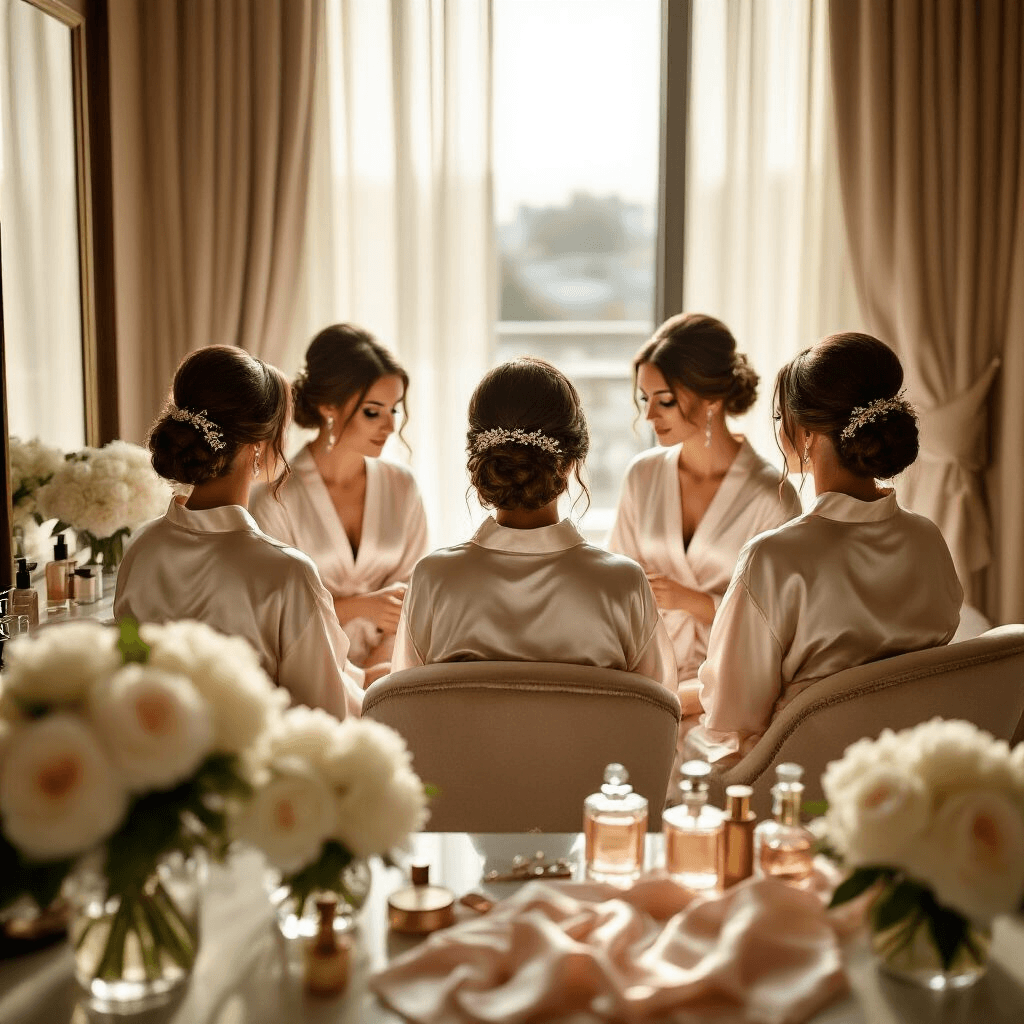 The Ultimate Bridesmaid Hairstyles Guide: 35+ Stunning Looks for 2026 Cinematic wide-angle shot of a luxurious bridal preparation scene in a hotel suite, featuring bridesmaids in ivory silk robes at a marble vanity, a hairstylist working on elegant updos, and warm sunlight illuminating the space filled with plush textures and floral arrangements.