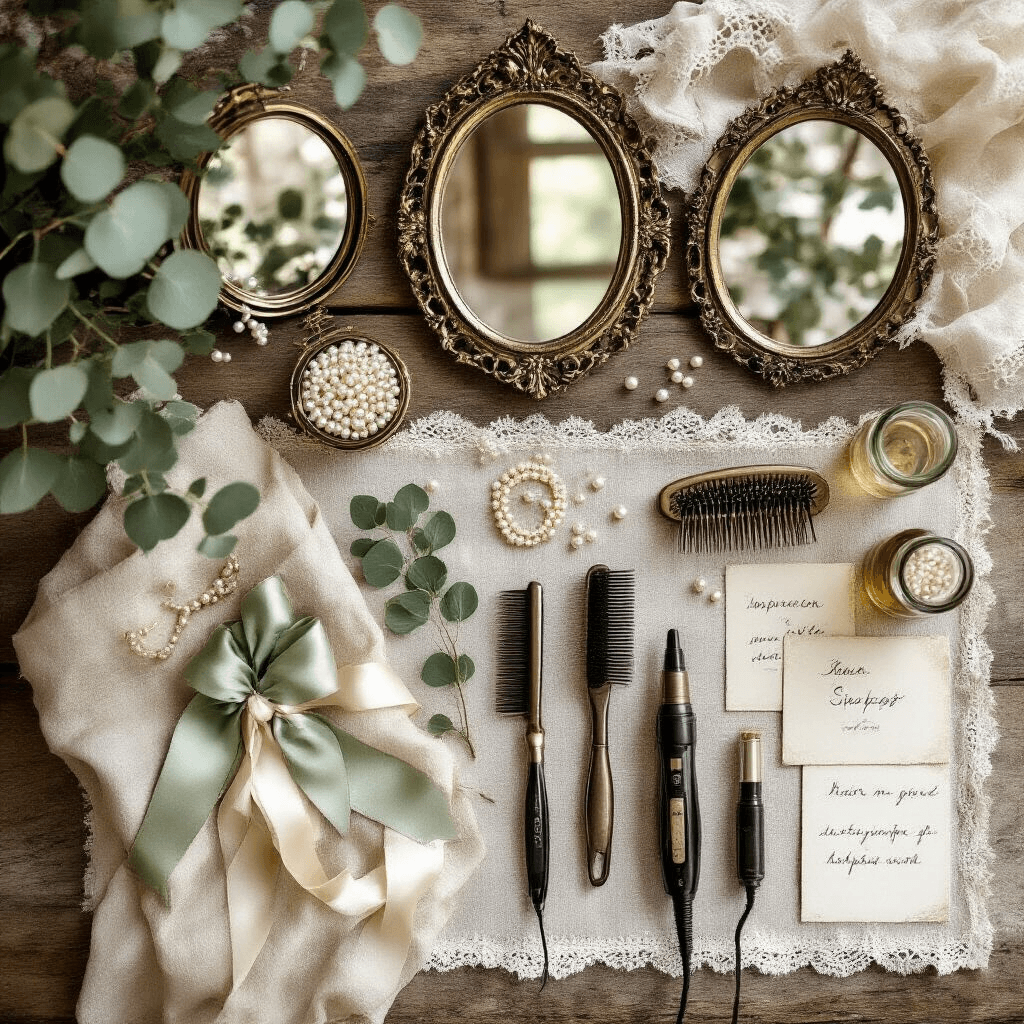 The Ultimate Bridesmaid Hairstyles Guide: 35+ Stunning Looks for 2026 Overhead view of a vintage bridal styling station featuring organized brass mirrors, silver brushes, pearl hair pins, silk ribbons, eucalyptus sprigs, and curling tools on rustic wood. Soft natural lighting casts gentle shadows on linen fabric, delicate lace, inspiration cards, and glass bottles of hair oils, creating a romantic, nostalgic atmosphere with ivory, sage green, and brass accents.