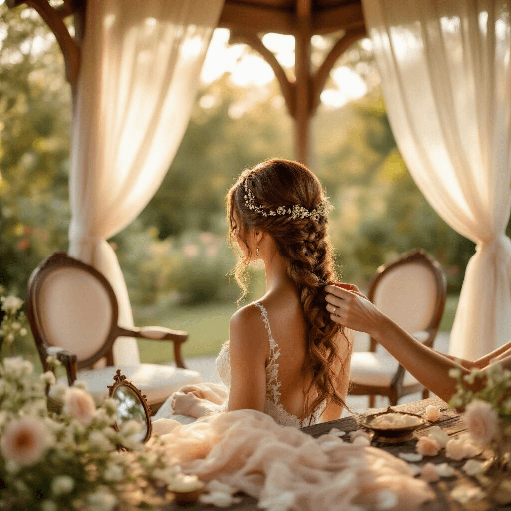 The Ultimate Bridesmaid Hairstyles Guide: 35+ Stunning Looks for 2026 Close-up of hands braiding a bridesmaid's hair in a sun-drenched garden pavilion, golden hour light filtering through sheer curtains, featuring intricate fishtail braiding with baby's breath in auburn waves, surrounded by vintage chairs, rose petals, antique mirrors, and blush chiffon, creating a whimsical and romantic atmosphere.