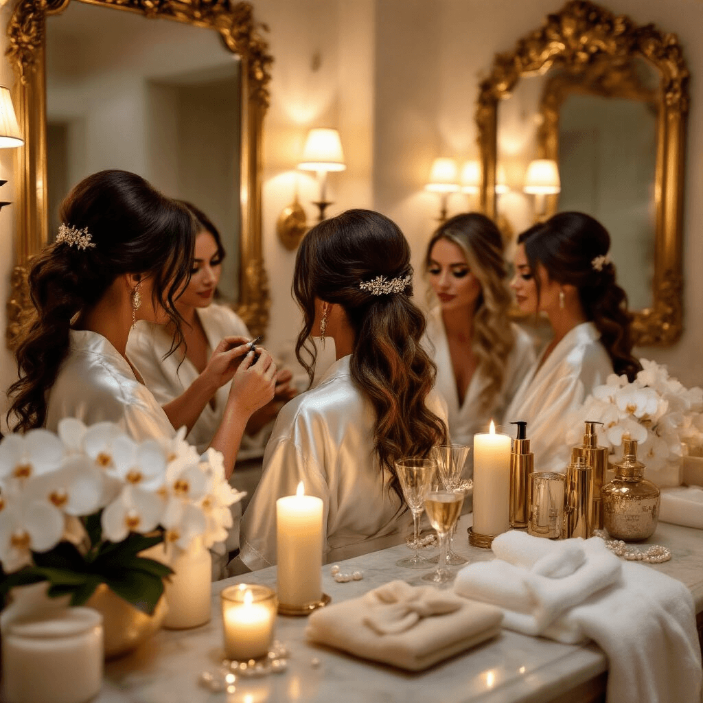 The Ultimate Bridesmaid Hairstyles Guide: 35+ Stunning Looks for 2026 Wide-angle shot of a luxurious bathroom vanity with bridesmaids of diverse hair textures receiving hair styling in candlelit ambiance, featuring gold-framed mirrors, marble countertops, and rich decor elements like orchids and champagne glasses.