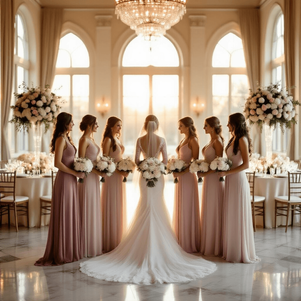 The Real Talk Guide to Bridesmaid Dresses That Won't Drive You (or Your Friends) Crazy A wide-angle shot of an elegant ballroom at golden hour, showcasing a bride in white silk surrounded by six bridesmaids in mix-and-match dusty rose and blush pink chiffon gowns. Soft light filters through tall windows on polished marble floors, with ivory-dressed tables adorned with white peonies and eucalyptus. Crystal chandeliers and fairy lights enhance the romantic ambiance, while vintage gold Chiavari chairs and rose petals contribute to the luxurious setting.