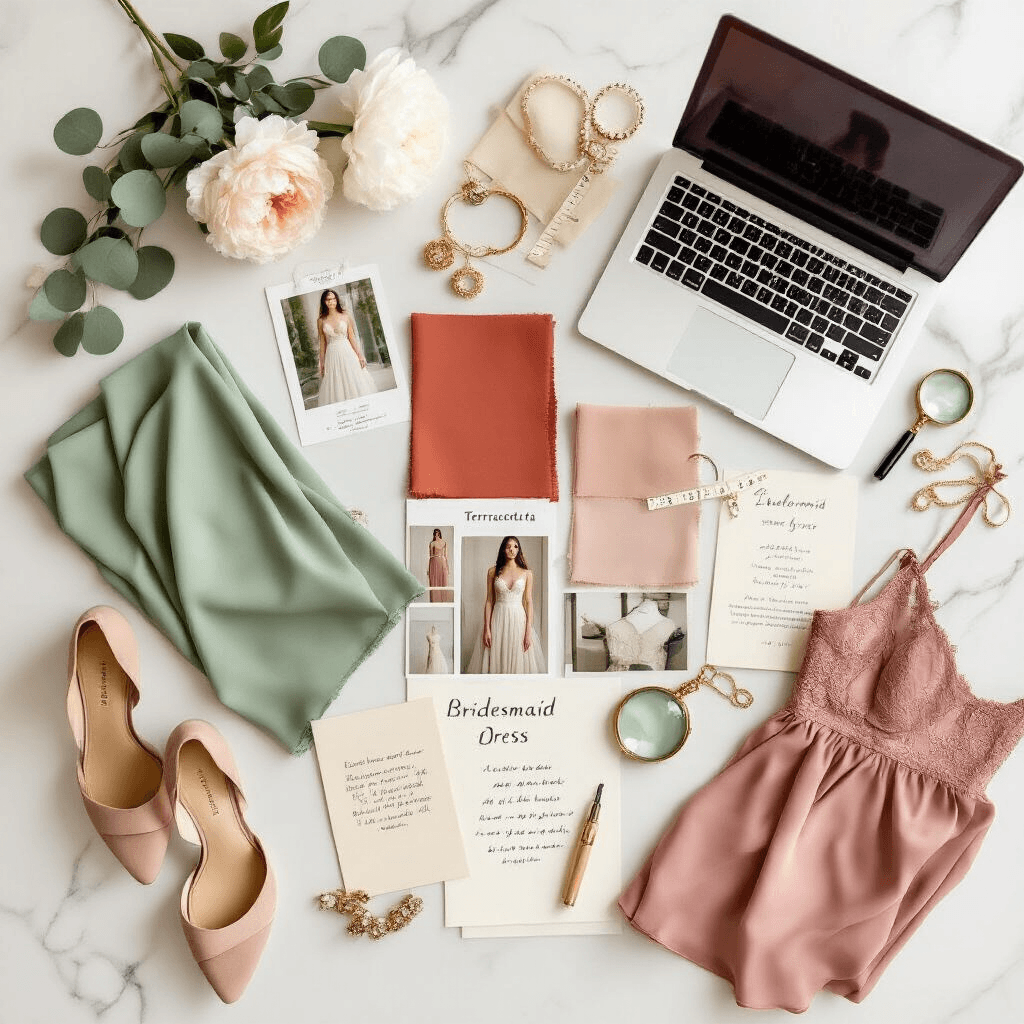 The Real Talk Guide to Bridesmaid Dresses That Won't Drive You (or Your Friends) Crazy Overhead flat lay of bridesmaid dress planning essentials on a white marble countertop, featuring fabric swatches in sage green, terracotta, and dusty rose, color palette cards, measuring tape, elegant stationery, an open laptop with bridesmaid dress websites, scattered Polaroid photos, delicate gold jewelry, nude heels, strapless undergarments, handwritten notes, fresh eucalyptus sprigs, and a single white peony, all styled with clean lines and soft morning light.