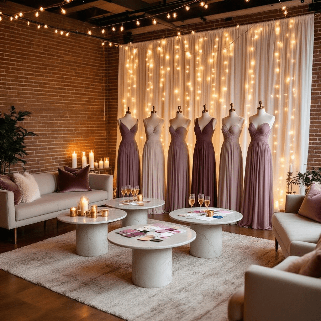The Real Talk Guide to Bridesmaid Dresses That Won't Drive You (or Your Friends) Crazy A modern apartment living room set up for a bridesmaid dress reveal party, featuring six dresses in shades of mauve and dusty rose displayed on dress forms, warm candlelight, fairy lights, and cozy seating with plush cushions, creating an intimate and celebratory ambiance.