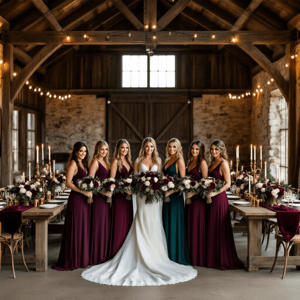 The Real Talk Guide to Bridesmaid Dresses That Won't Drive You (or Your Friends) Crazy A rustic barn venue at twilight, featuring a styled bridesmaid photoshoot with flowing gowns in jewel tones, warm ambient lighting, long farm tables adorned with floral arrangements, vintage decor, and a romantic countryside atmosphere.