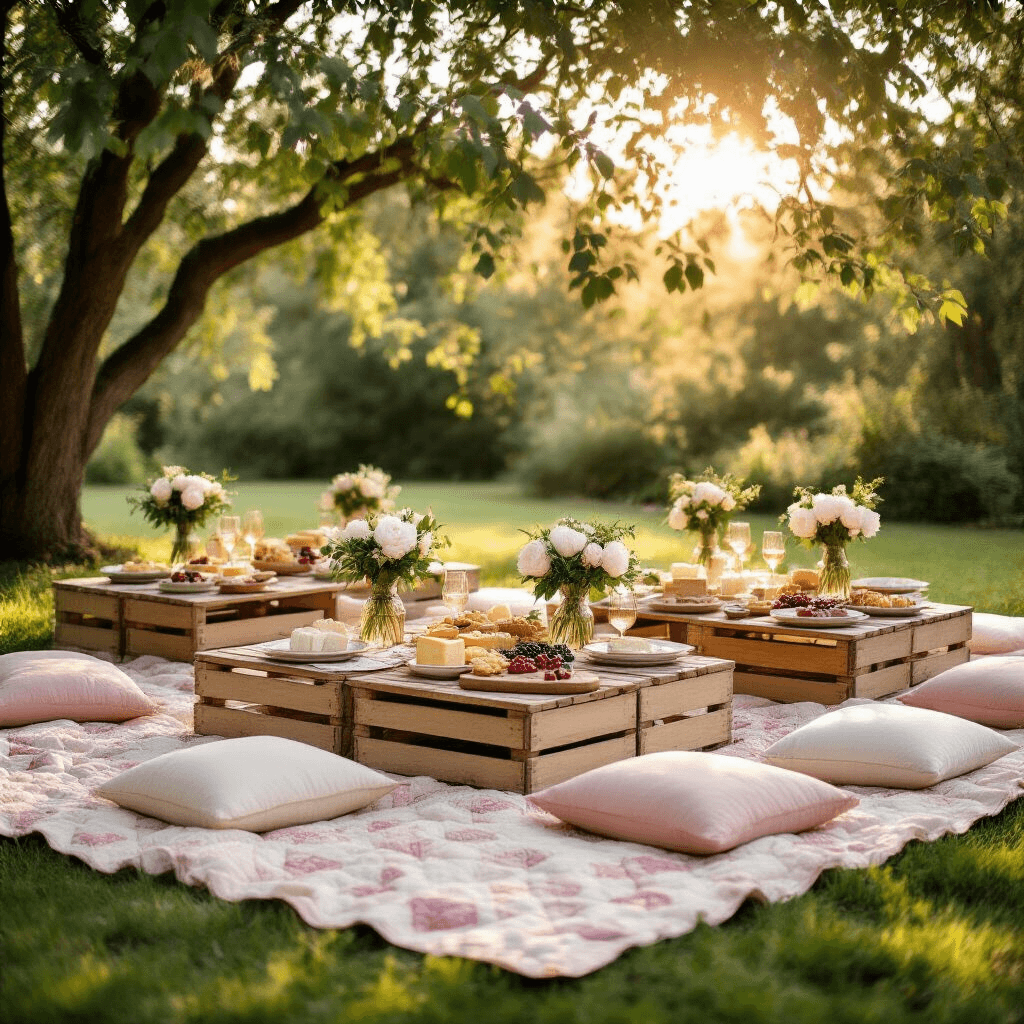 Garden Party Picnic Bridal Shower: How I Created Pinterest-Perfect Magic Without Breaking the Bank Cinematic garden party picnic bridal shower set at golden hour, featuring wooden crate tables, vintage quilts, pastel floor cushions, and delicate bud vases with peonies. Rustic charcuterie boards, fairy lights, and personal touches create an elegant bohemian atmosphere.