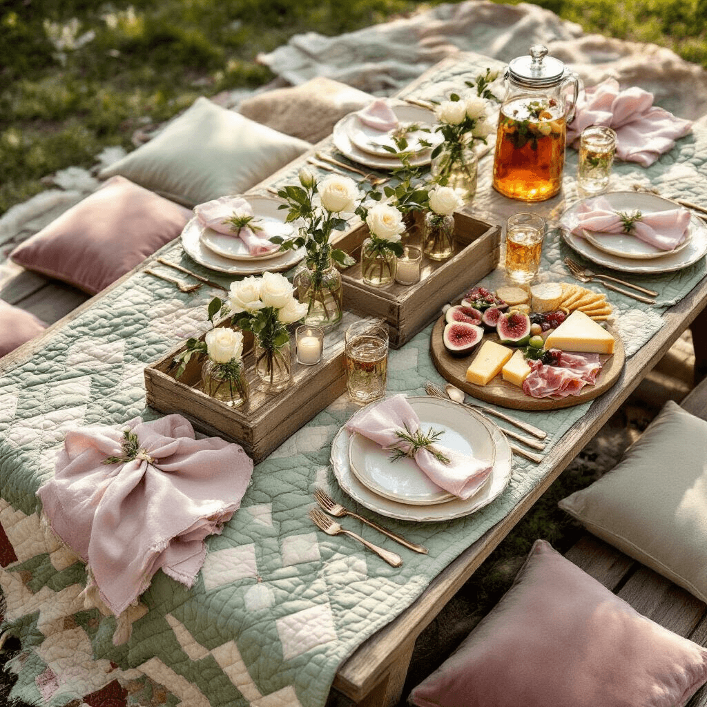 Garden Party Picnic Bridal Shower: How I Created Pinterest-Perfect Magic Without Breaking the Bank Close-up overhead shot of a beautifully styled low picnic table featuring vintage quilts, a reclaimed wooden crate table, small glass bud vases with white roses and herbs, cream ceramic plates, rose gold flatware, and blush linen napkins, accompanied by a wooden charcuterie board and velvet floor cushions, all in soft morning light.