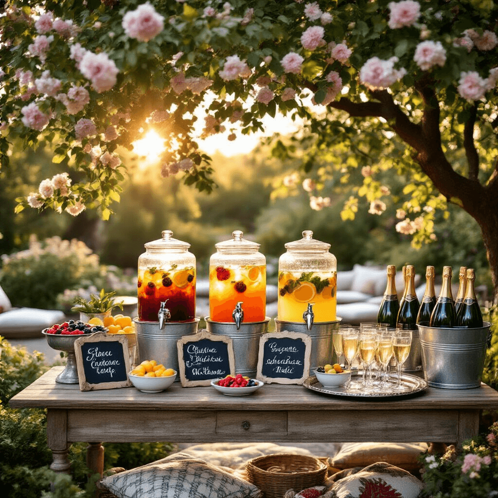 Garden Party Picnic Bridal Shower: How I Created Pinterest-Perfect Magic Without Breaking the Bank Wide shot of a serene garden party drink station beneath a flowering tree during golden hour, featuring rustic beverage dispensers, fresh fruit garnishes, and elegant glassware, all illuminated by warm sunlight, creating a festive and intimate atmosphere.
