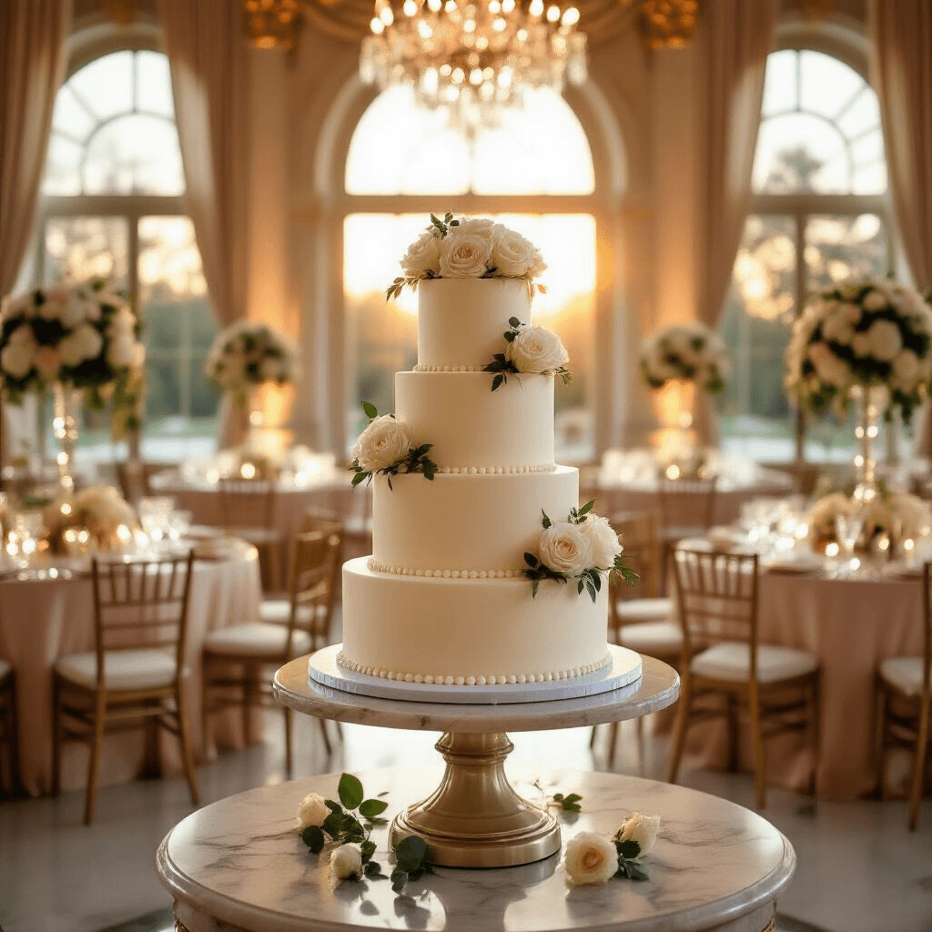 Your Dream Wedding Cake: From Vision to Reality (And Everything That Could Go Wrong) Elegant indoor ballroom reception during golden hour, featuring a three-tier wedding cake on a marble pedestal, adorned with ivory buttercream, pearl details, and fresh white roses. Surrounded by round tables with blush silk linens, crystal glassware, and gold-rimmed china, all illuminated by soft amber light from arched windows and crystal chandeliers, with rose petals and floral arrangements completing the romantic setting.