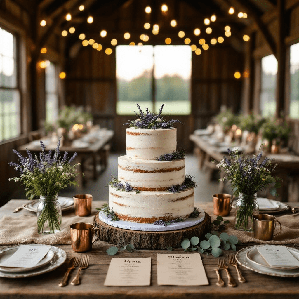 Your Dream Wedding Cake: From Vision to Reality (And Everything That Could Go Wrong) Intimate rustic barn wedding cake display featuring a two-tier semi-naked cake with wild lavender and sage decorations, surrounded by mason jar centerpieces, vintage china, and warm string lights.