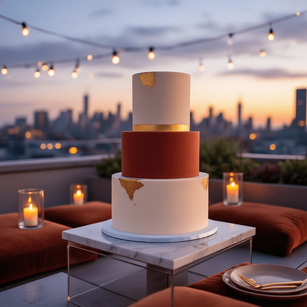 Your Dream Wedding Cake: From Vision to Reality (And Everything That Could Go Wrong) Close-up of a modern minimalist wedding cake on a stylish rooftop terrace at twilight, showcasing a geometric two-tier design in terracotta and cream with gold leaf accents, set on a sleek white marble stand. Surrounded by warm amber velvet cushions, contemporary glass hurricanes with candles, and string lights creating a bokeh effect. The city skyline silhouettes and purple-to-blue sunset hues complete the elegant ambiance.