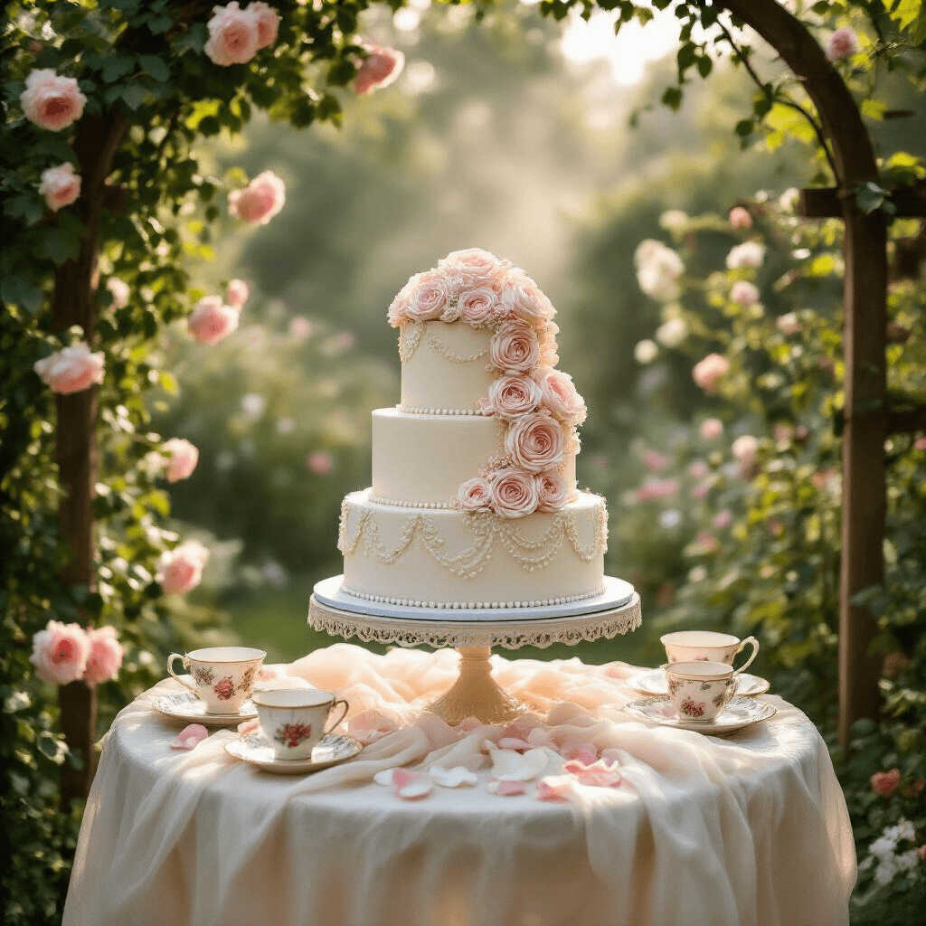 Your Dream Wedding Cake: From Vision to Reality (And Everything That Could Go Wrong) Cinematic wide shot of a whimsical garden wedding cake presentation featuring a three-tier vintage-inspired cake with buttercream rosettes and lace piping, set on a draped table adorned with rose petals, surrounded by a charming English garden with climbing roses, mismatched china, and soft morning light filtering through the trees.