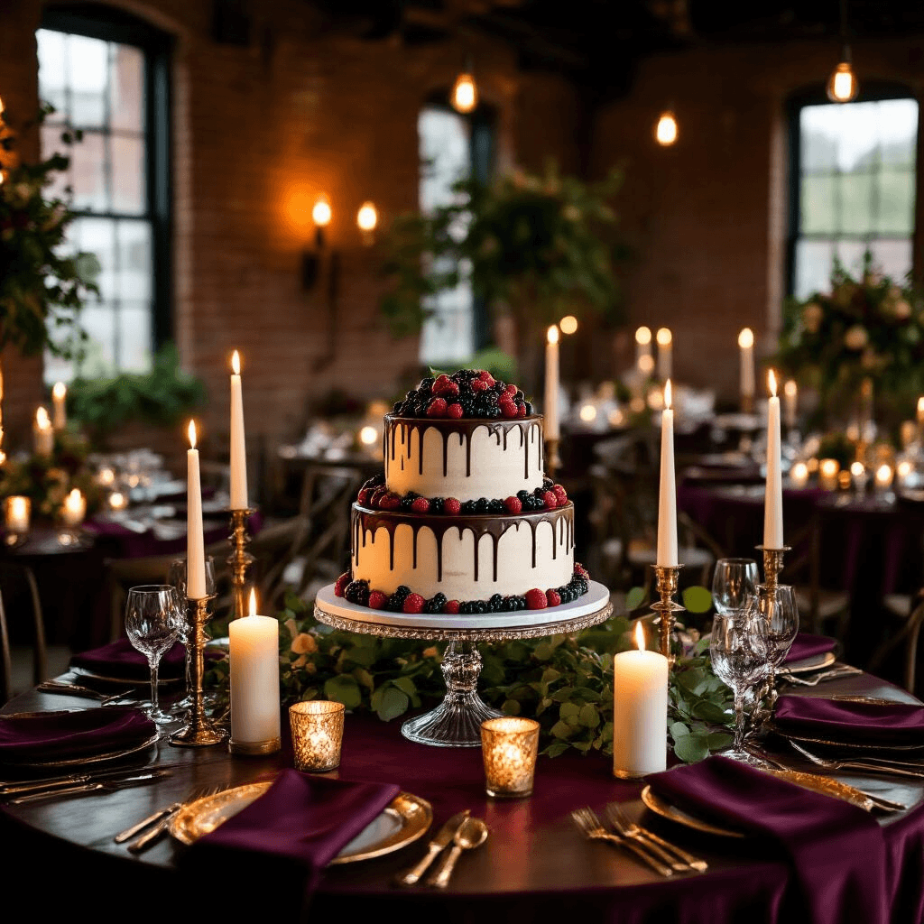 Your Dream Wedding Cake: From Vision to Reality (And Everything That Could Go Wrong) Elegant two-tier wedding cake with chocolate ganache drip and fresh berries, surrounded by pillar candles and lush greenery, set in a cozy, atmospheric venue with burgundy velvet linens and warm ambient lighting.