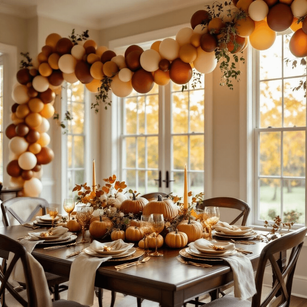 The Complete Fall Balloon Garland Guide: From Pinterest Dreams to Your Perfect Autumn Celebration Wide-angle shot of an elegant indoor dining room with a fall balloon garland in warm cream, rust orange, mustard yellow, deep merlot, and forest green. A mahogany dining table set with ivory linen, copper chargers, and amber glassware is illuminated by golden hour sunlight streaming through tall windows. Artificial pumpkins and preserved eucalyptus enhance the autumn theme, complemented by silk table runners, brass candlesticks, and scattered autumn leaves on the hardwood floor.
