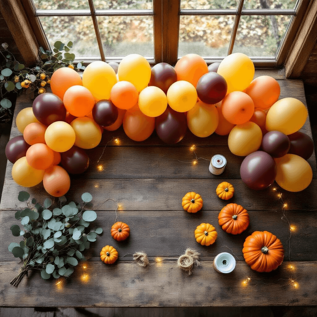 The Complete Fall Balloon Garland Guide: From Pinterest Dreams to Your Perfect Autumn Celebration Overhead flat lay of a rustic wooden table showcasing the balloon garland assembly process with organized clusters of autumn-colored latex balloons, an electric balloon pump, heavy-duty fishing line, Gorilla mounting tape, and balloon sealant spray, alongside preserved eucalyptus sprigs, miniature artificial pumpkins, and warm battery-operated string lights, all illuminated by natural morning light.