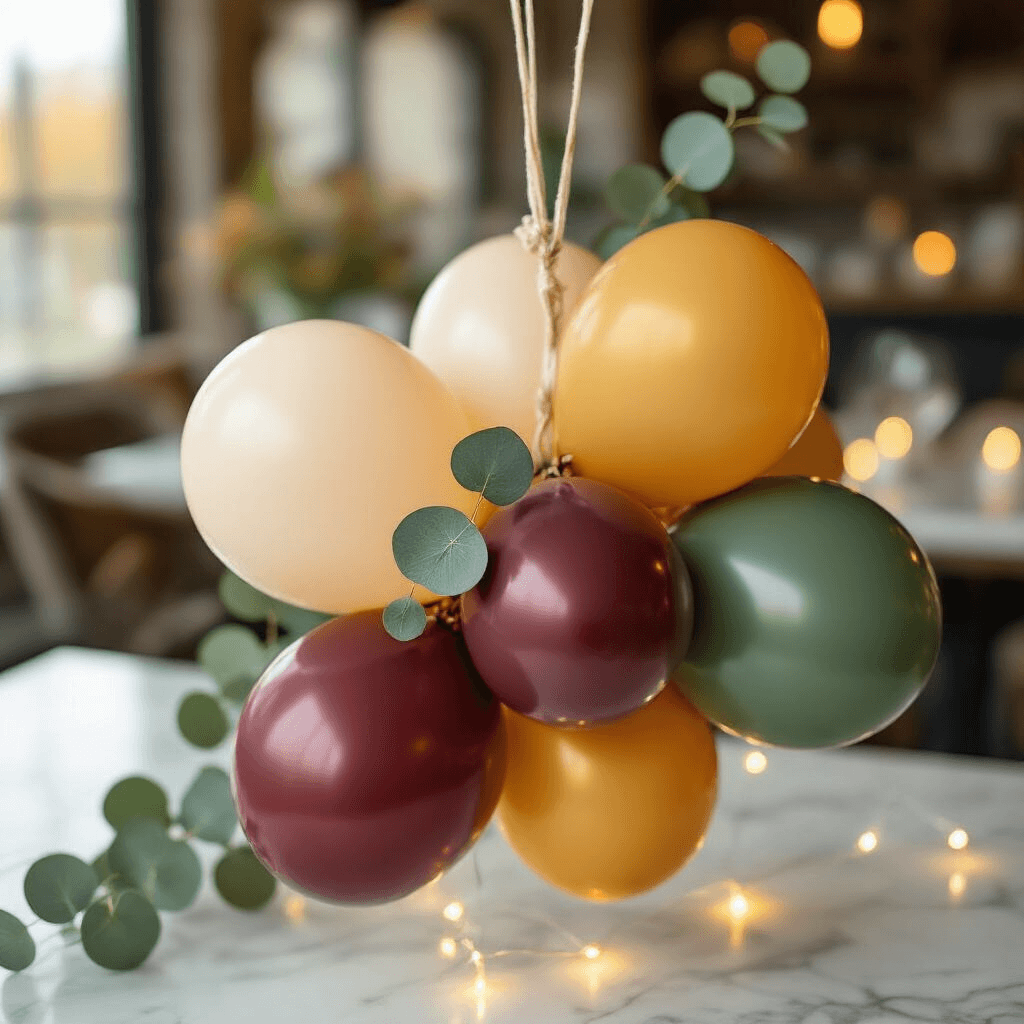 The Complete Fall Balloon Garland Guide: From Pinterest Dreams to Your Perfect Autumn Celebration Close-up shot of a fall balloon garland cluster in autumn tones, featuring knotted balloon necks connected by fishing line, adorned with eucalyptus leaves and soft fairy lights, set against a blurred dining room background.