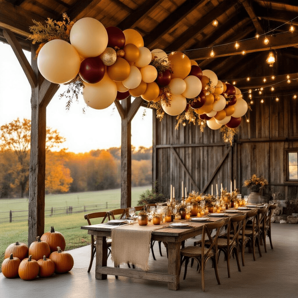 The Complete Fall Balloon Garland Guide: From Pinterest Dreams to Your Perfect Autumn Celebration Wide-angle evening shot of a rustic barn venue adorned with an expansive fall balloon garland in cream, rust orange, mustard yellow, and deep wine, enhanced by warm fairy lights, featuring wooden farmhouse tables styled with burlap runners, mason jar candles, and scattered pumpkins, creating a cozy autumn atmosphere.