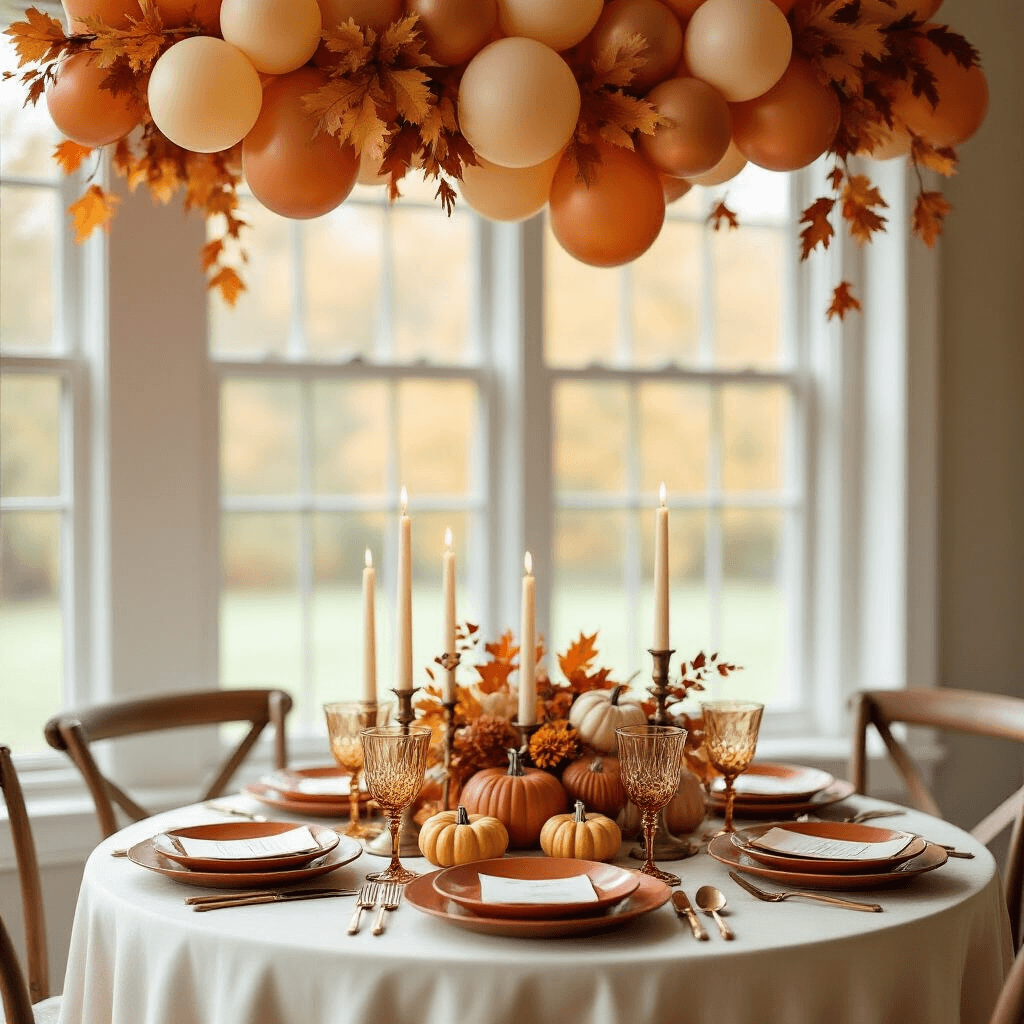 The Complete Fall Balloon Garland Guide: From Pinterest Dreams to Your Perfect Autumn Celebration Intimate close-up of a beautifully styled autumn tablescape featuring a cream silk linen table with terracotta charger plates, amber crystal glassware, and brass candlesticks, beneath a lush fall balloon garland, accented by mini artificial pumpkins and preserved autumn foliage, all bathed in soft natural light.