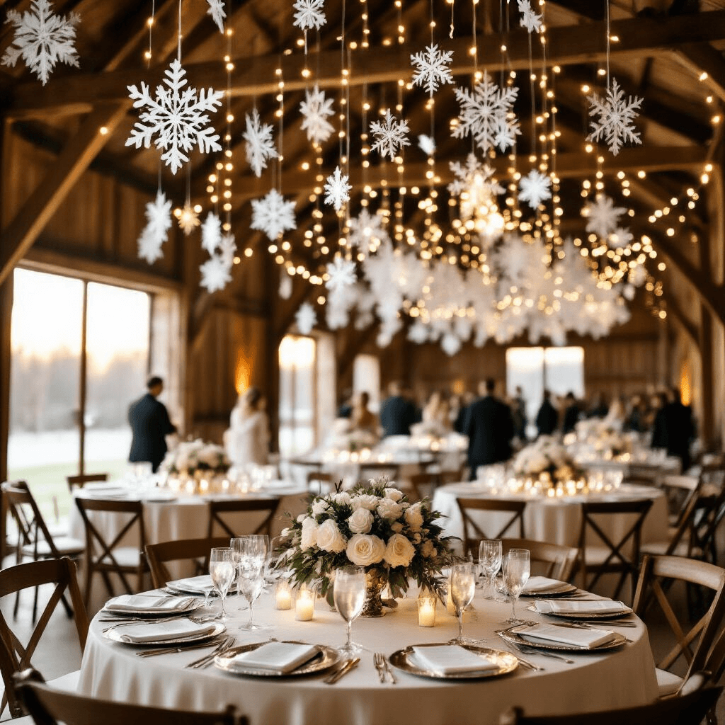 DIY Snowflake Garland: Transform Your Space Into a Winter Wonderland Cinematic wide-angle shot of an elegant winter wedding reception in a rustic barn, featuring paper snowflake garlands from wooden beams, soft golden light, cream silk table linens, silver charger plates, crystal stemware, floral centerpieces, and guests mingling in a magical atmosphere.