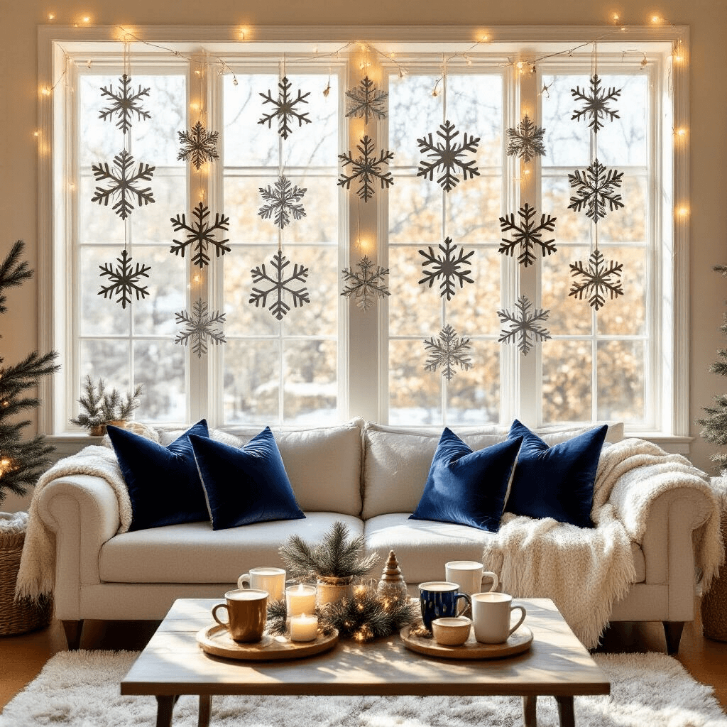 DIY Snowflake Garland: Transform Your Space Into a Winter Wonderland Overhead view of a cozy holiday-themed living room featuring metallic silver snowflake garlands strung across windows, with warm sunlight casting shadows on cream walls. A low coffee table holds ceramic mugs of hot cocoa and is surrounded by velvet navy cushions on a plush rug, complemented by wooden accents and fresh pine sprigs, creating an inviting, hygge-inspired atmosphere.