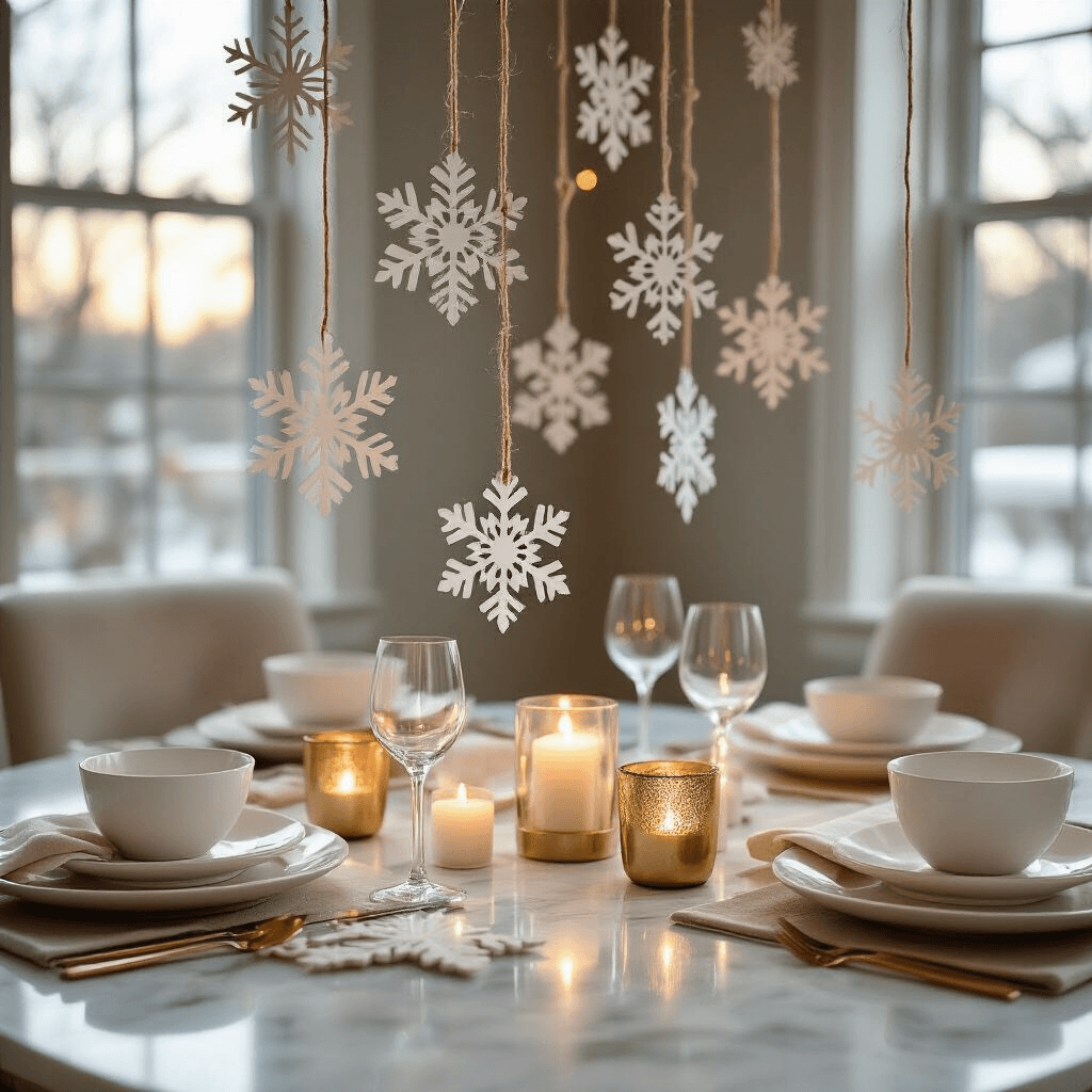 DIY Snowflake Garland: Transform Your Space Into a Winter Wonderland Close-up of a modern apartment dining nook illuminated by candlelight, featuring layered snowflake garlands hanging above a marble table with minimalist white ceramic plates and soft blush linen napkins.
