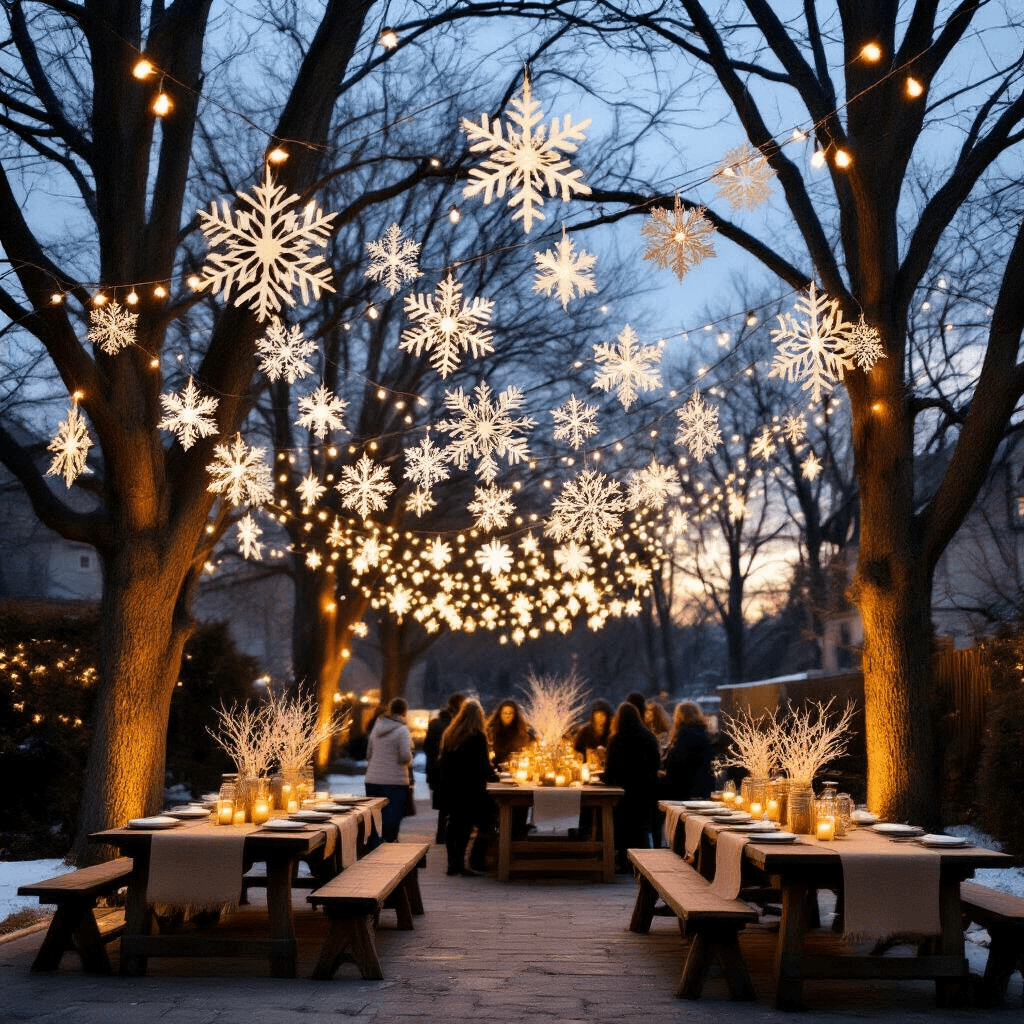 DIY Snowflake Garland: Transform Your Space Into a Winter Wonderland Wide shot of a stylish winter gathering in a backyard at dusk, featuring paper snowflake garlands with gold accents, string lights illuminating rustic tables adorned with burlap and mason jars, as guests enjoy the magical atmosphere under the transitioning sky.