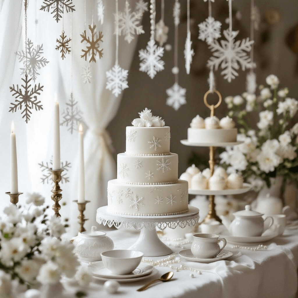 DIY Snowflake Garland: Transform Your Space Into a Winter Wonderland A moody close-up of an elegantly styled dessert table featuring a tiered white cake, winter-themed treats on crystal stands, and delicate snowflake garlands made of paper, felt, and wood, illuminated by warm candlelight in an intimate dining space.