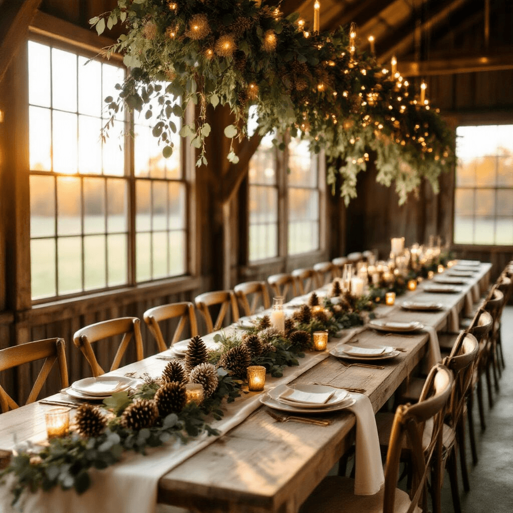 Cinematic wide-angle shot of an elegant rustic autumn wedding reception in a converted barn, featuring warm golden hour lighting, farmhouse tables adorned with DIY pinecone garlands, eucalyptus, and fairy lights, complemented by wooden cross-back chairs, ivory plates, and mason jar wildflower centerpieces in a warm terracotta, sage green, and cream color palette.