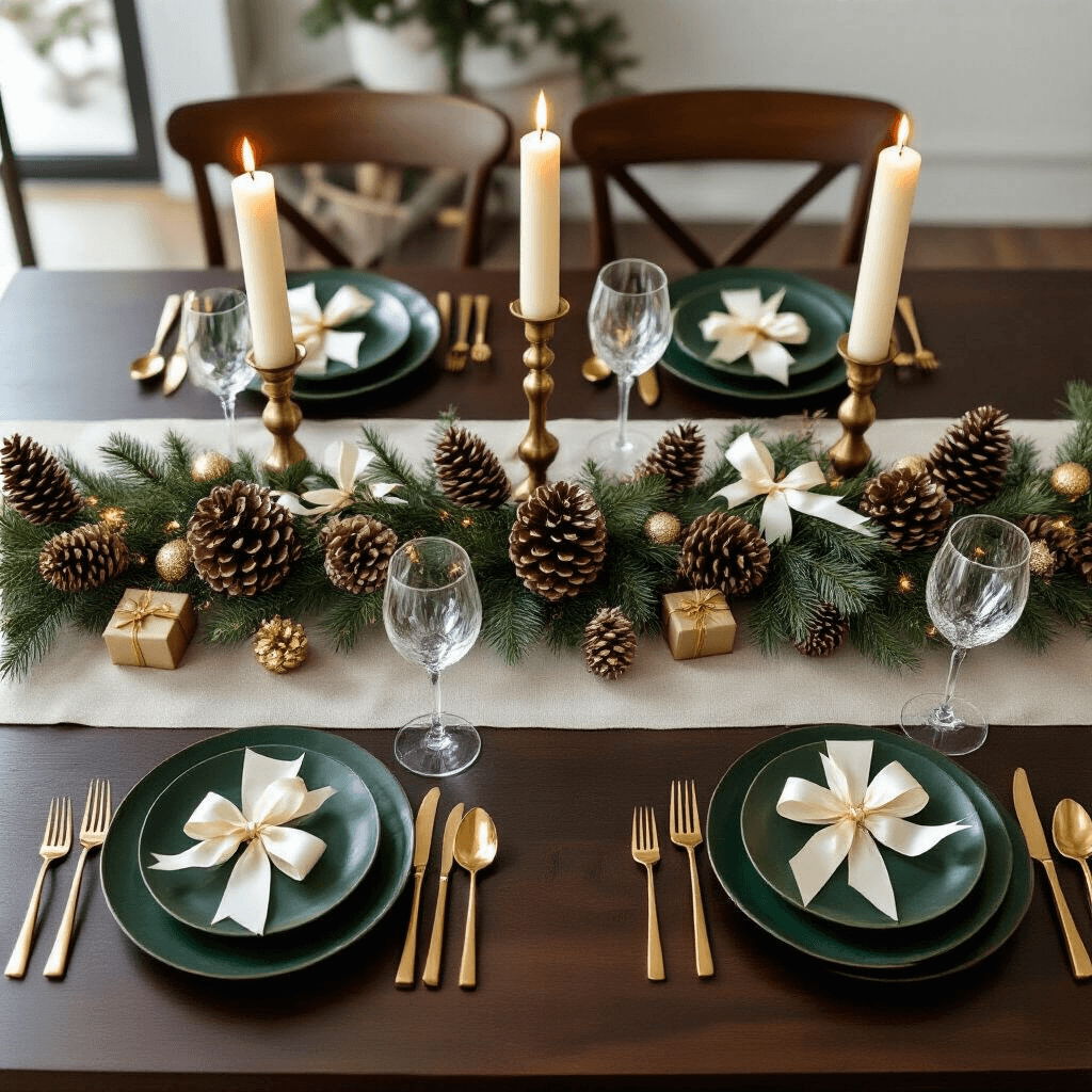 Intimate overhead view of a cozy winter holiday tablescape with a dark walnut table, hand-crafted pinecone garland, deep forest green dinner plates, gold cutlery, crystal wine glasses, and ivory candles, set in a modern apartment dining room.