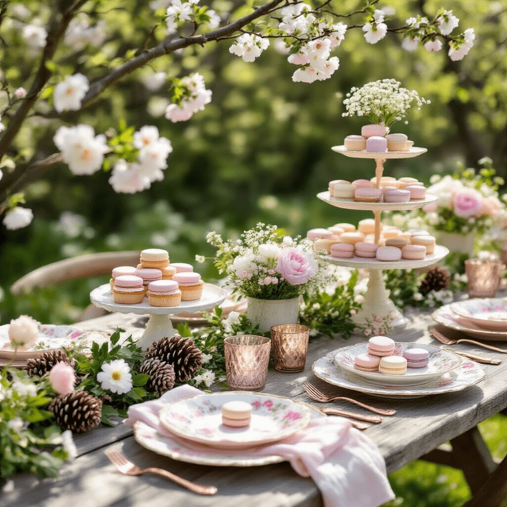 Close-up of a whimsical spring garden party setup with a vintage picnic table adorned with a pinecone garland, pastel-painted cones, fresh florals, mismatched china, rose gold cutlery, and a three-tiered cake stand, all under dappled sunlight in a lush garden.