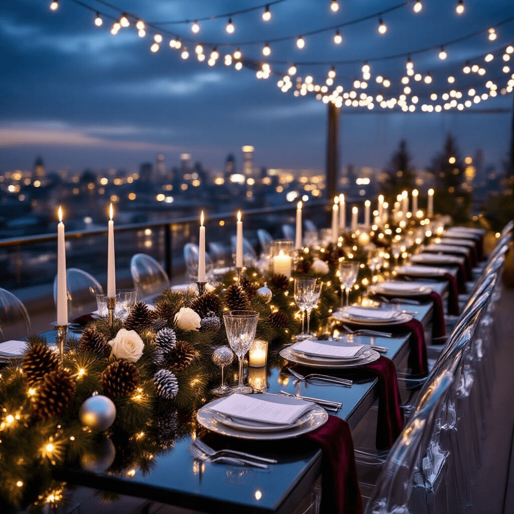 Dramatic wide-angle view of a sophisticated rooftop Christmas dinner party, featuring a glass dining table with a pinecone garland, white roses, and tall candles, set against a glittering city skyline with string lights above.