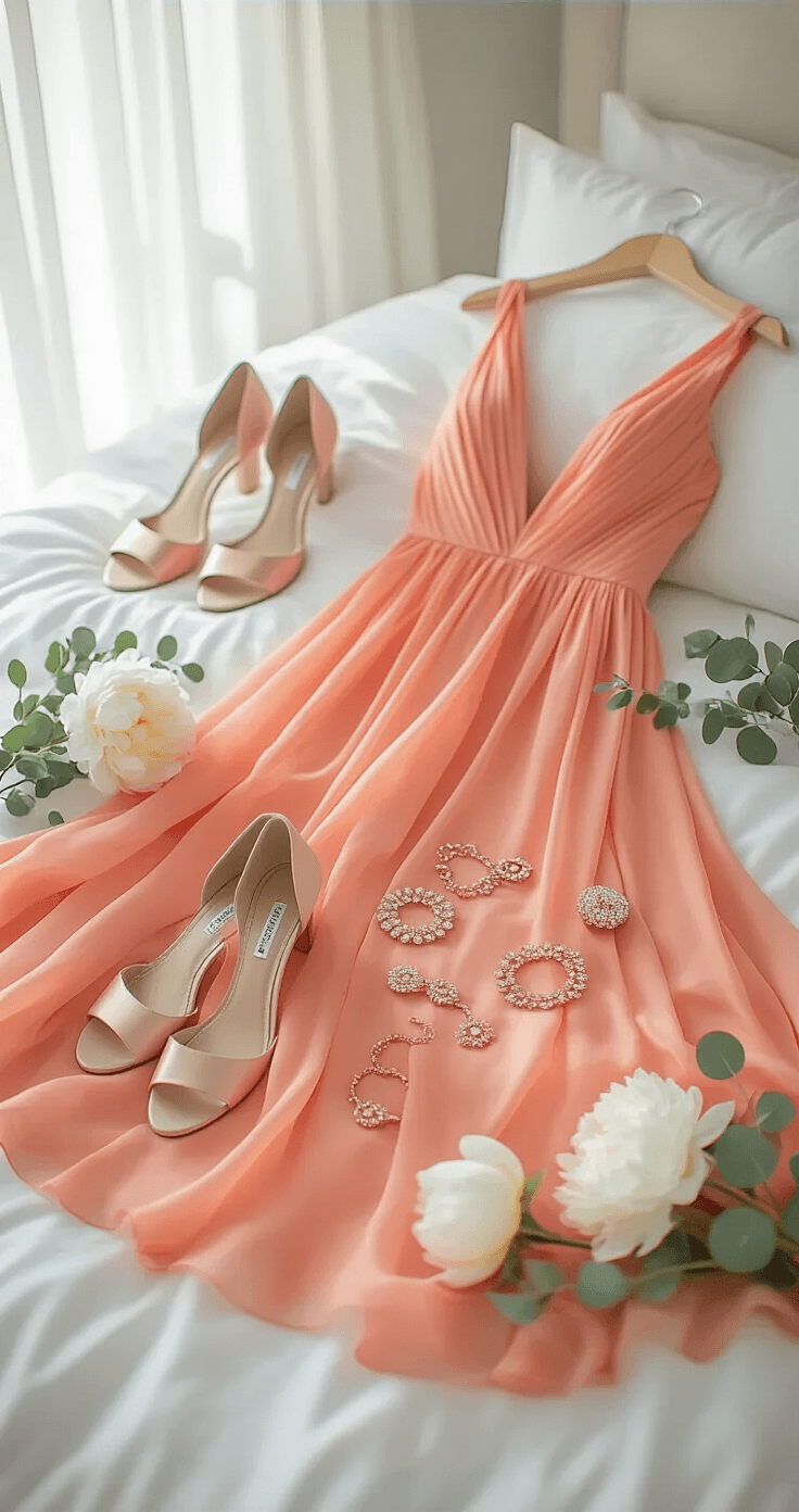 Bold Color Bridesmaid Dresses Are Taking Over Weddings (And I'm Here for It) Intimate bridal preparation scene featuring a coral chiffon bridesmaid dress on white bedding, adorned with rose gold jewelry, nude block heels, a floral hair clip, and fresh white peonies and eucalyptus accents in soft morning light.