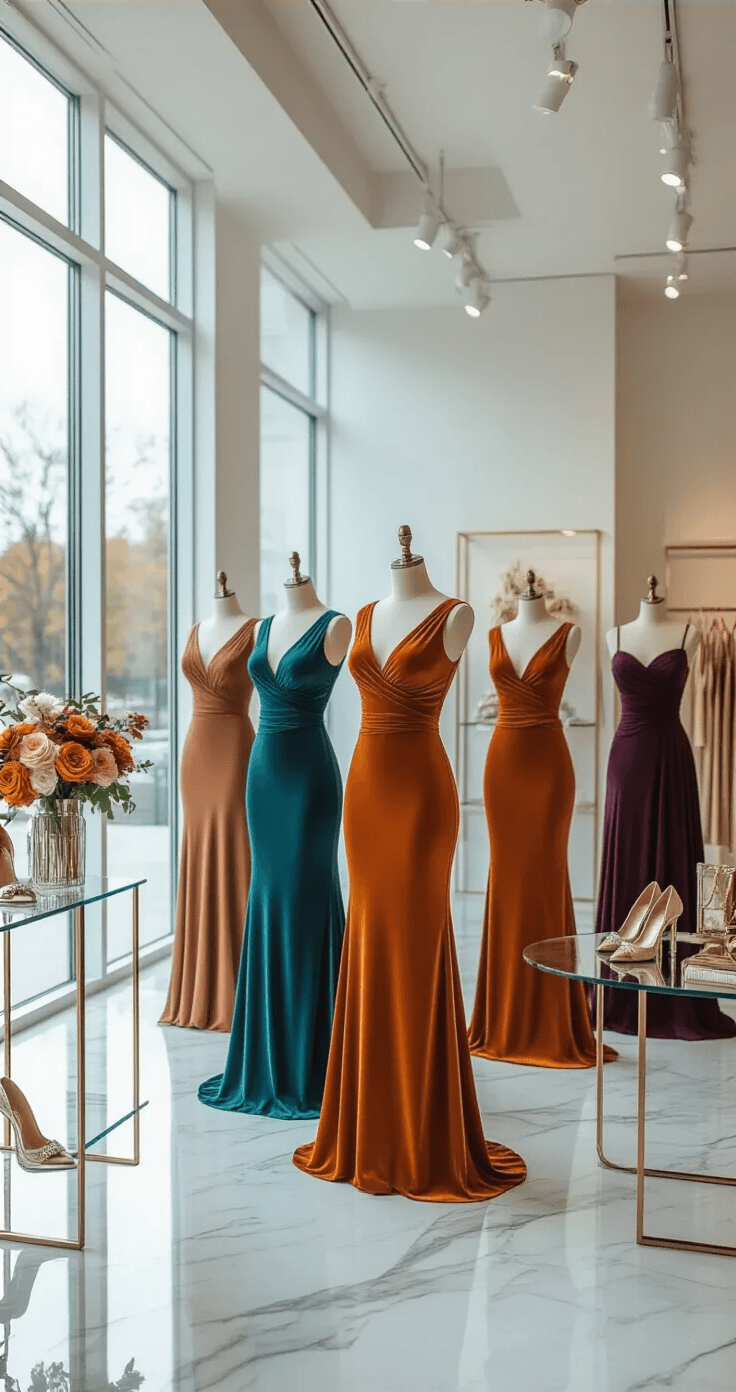 Bold Color Bridesmaid Dresses Are Taking Over Weddings (And I'm Here for It) Sophisticated bridal boutique interior with elegant mannequins showcasing bold bridesmaid dresses in deep teal satin, burnt orange velvet, and rich amethyst crepe, surrounded by marble floors and floor-to-ceiling windows, with stylish accessories artfully arranged on glass tables.